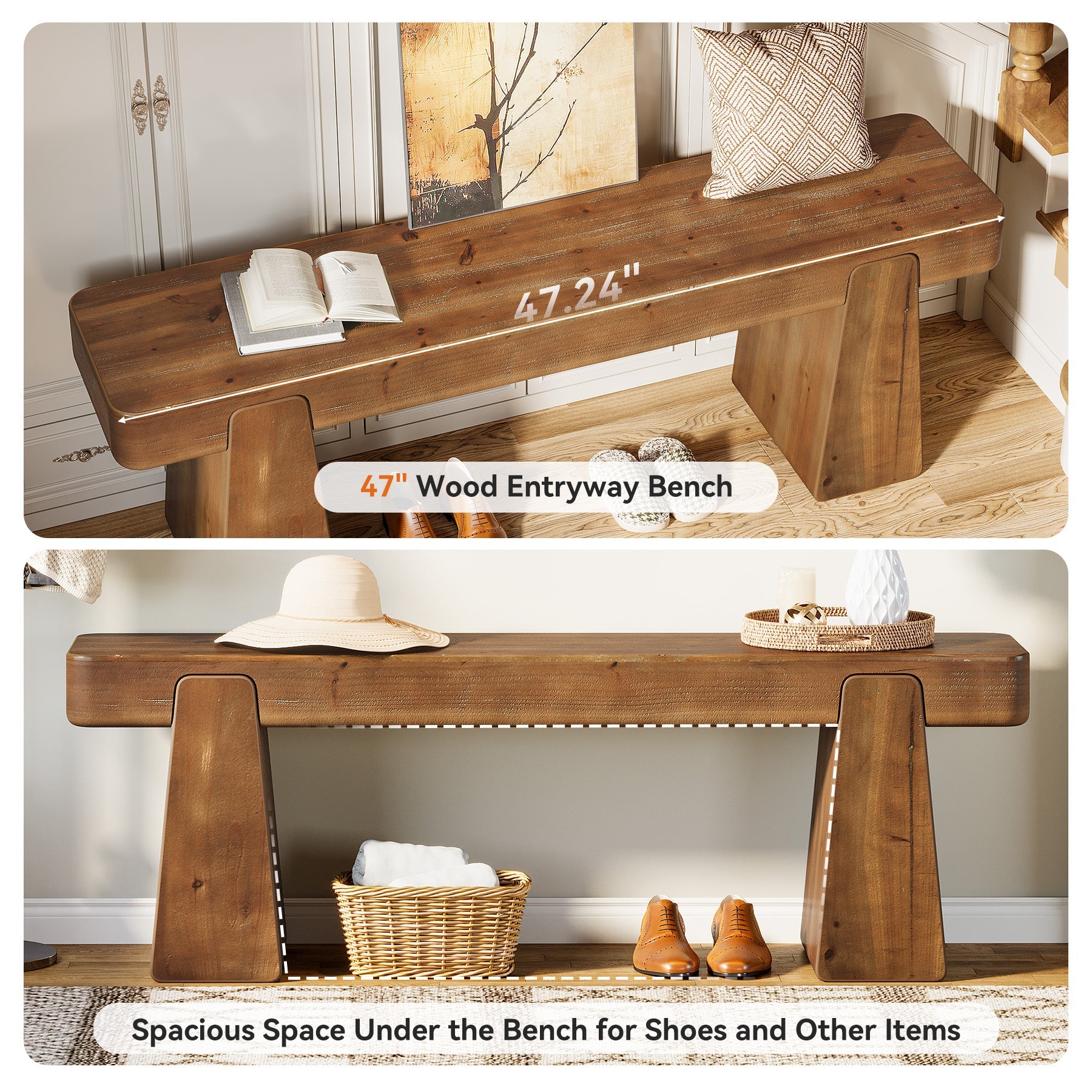 Tribesigns Banc en bois massif 120 cm, Style champêtre avec pieds renforcés