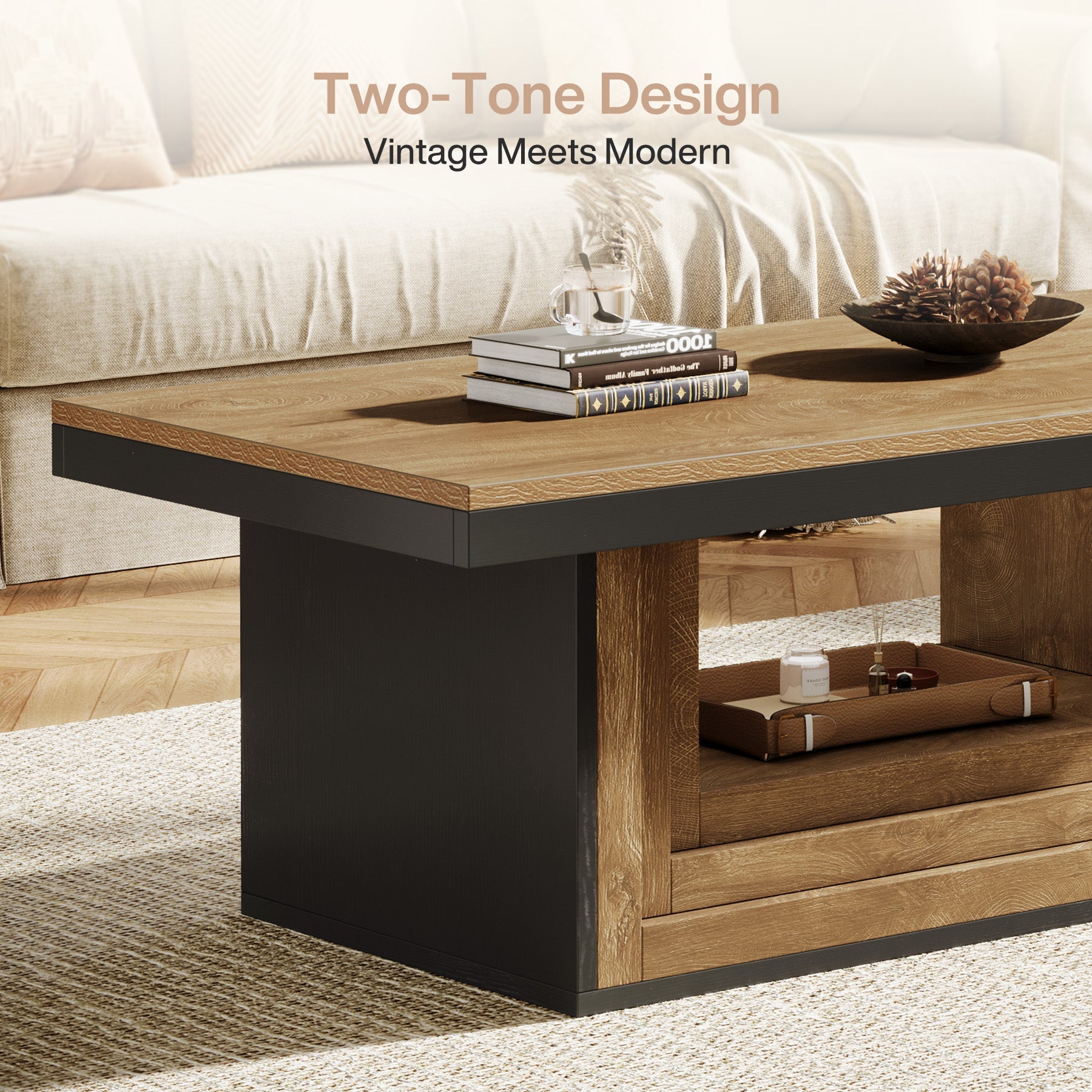 Tribesigns Table basse rectangulaire de 120 cm de style champêtre, Table de salon avec étagère et motif côtelé