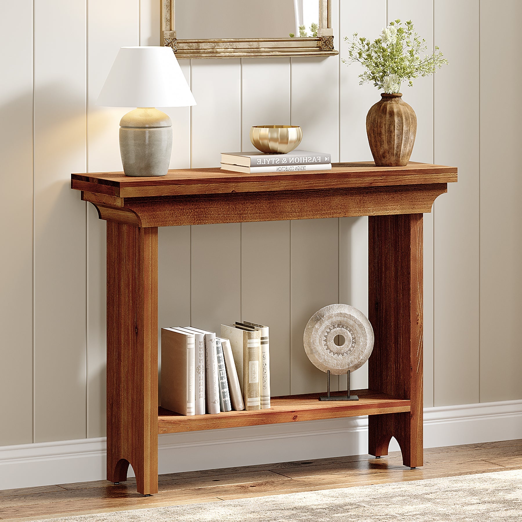 Tribesigns Console en bois massif de 100 cm avec étagère inférieure, Table d'entrée étroite de style champêtre
