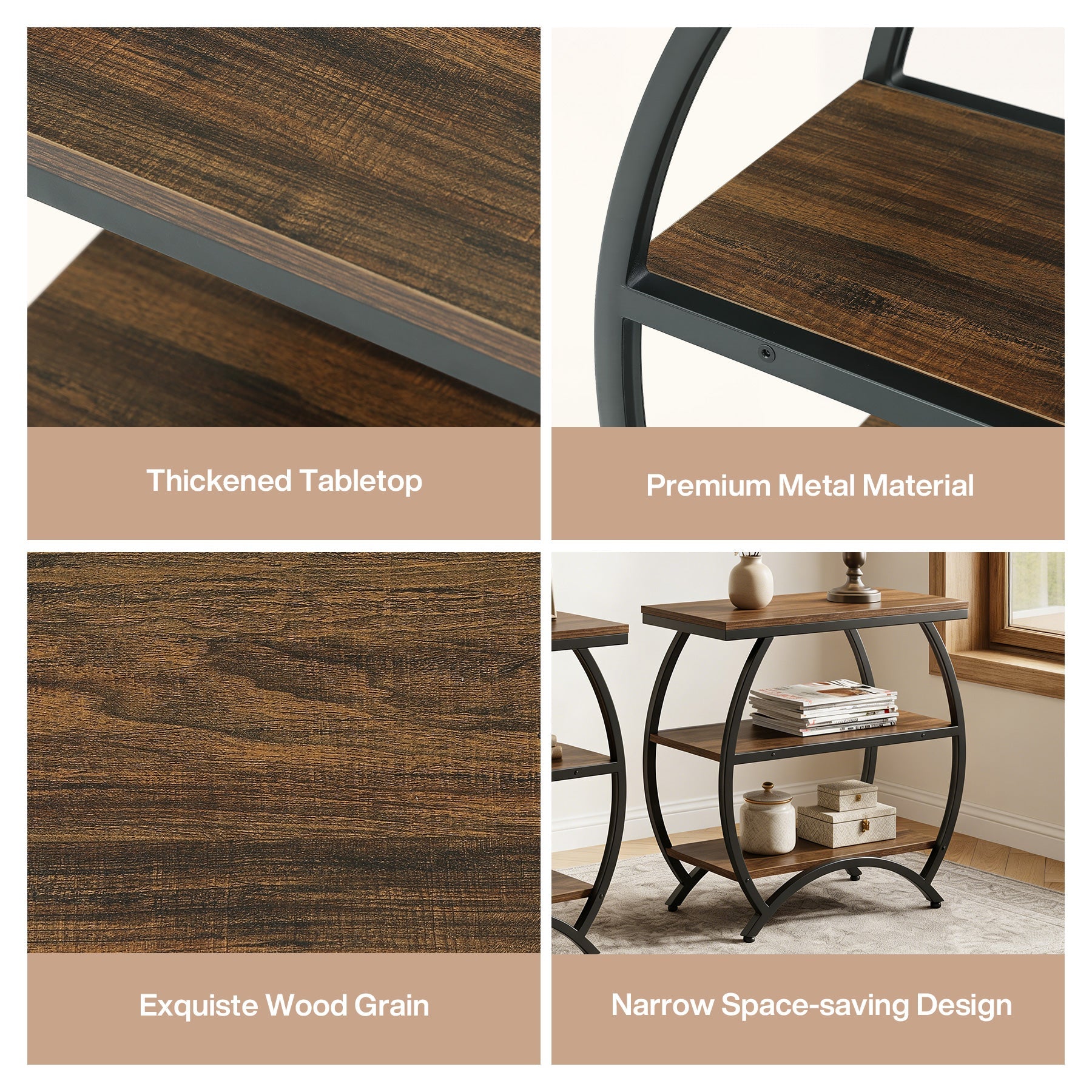 Tribesigns Table d'appoint étroite de 60 cm avec 3 niveaux de rangement, Table de chevet industrielle pour salon ou chambre