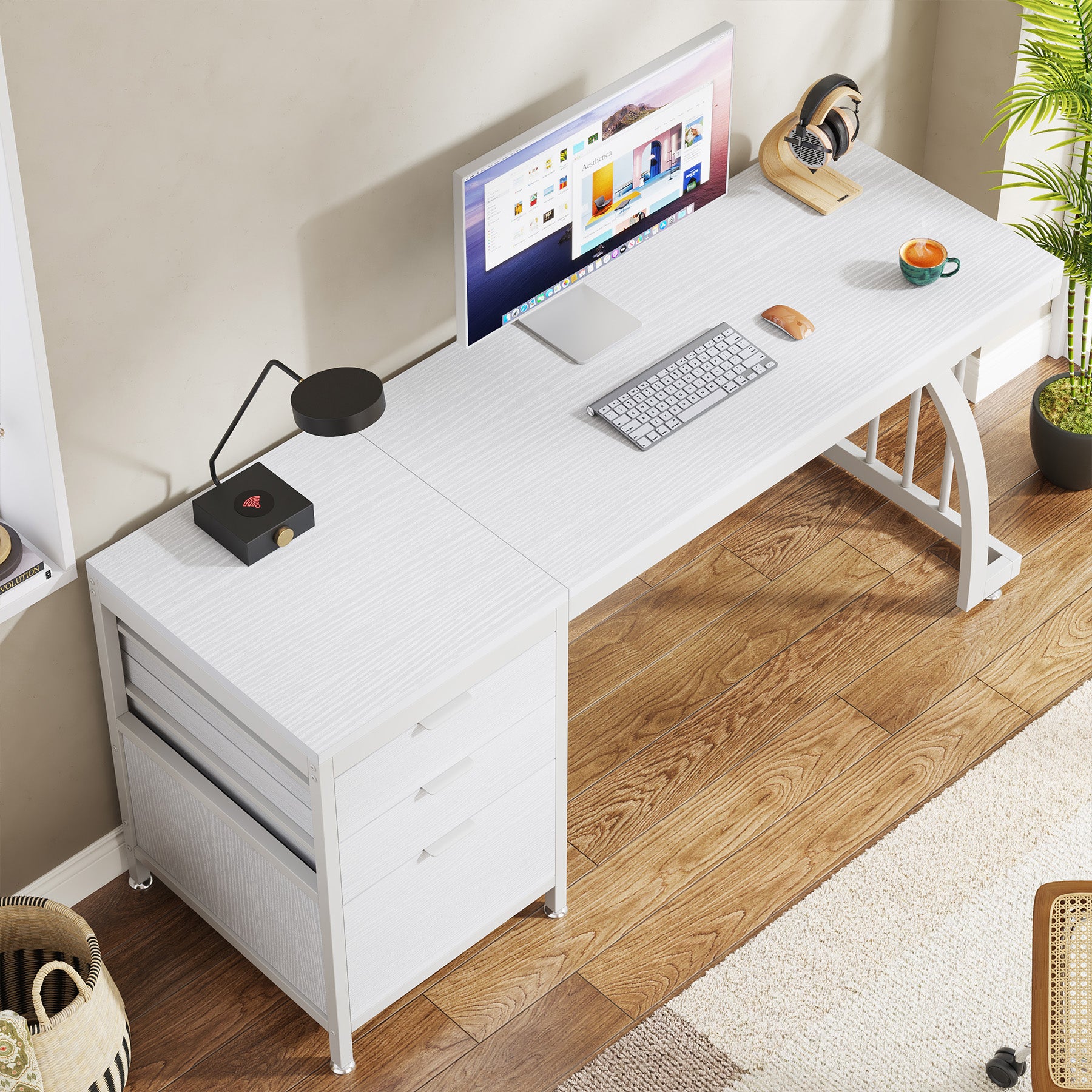 Tribesigns Bureau informatique industriel, Bureau 150 cm avec armoire à tiroirs réversible