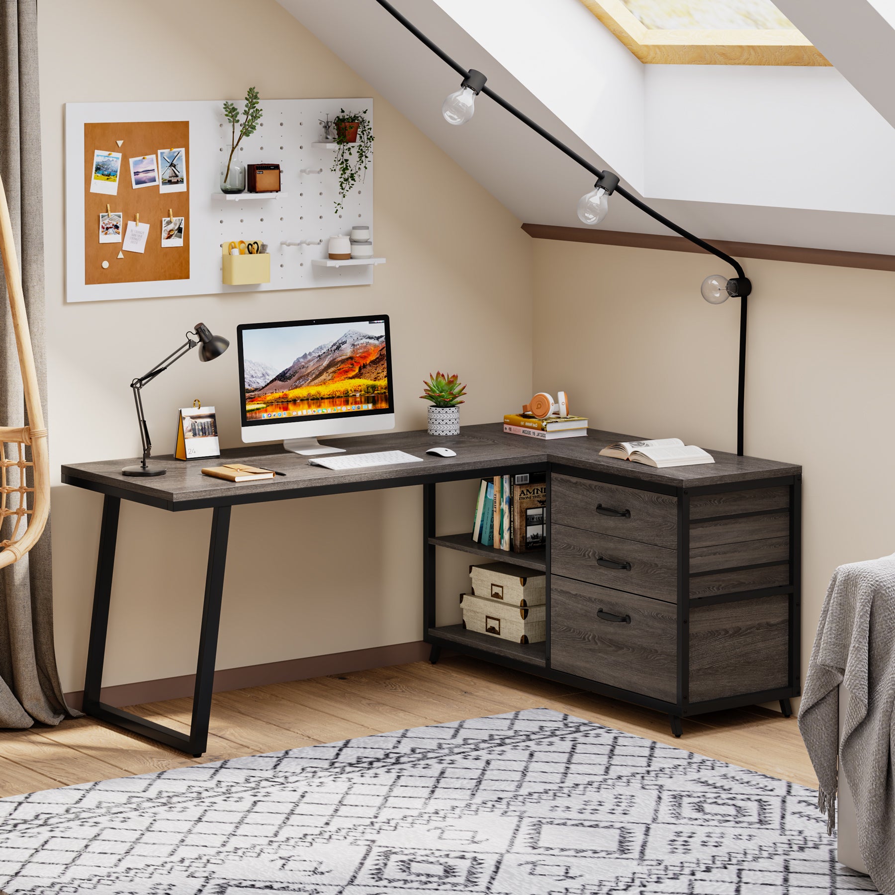 Tribesigns Bureau d'ordinateur en forme de L avec 3 tiroirs, Bureau d'angle réversible avec étagères