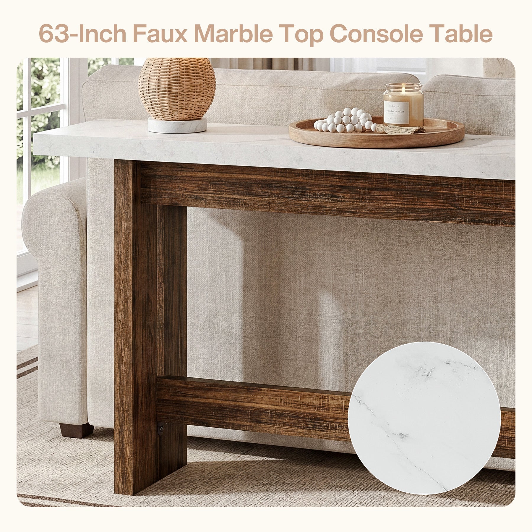 Tribesigns Console de style campagnard de 160 cm avec plateau aspect marbre, Table d'appoint étroite pour entrée et salon
