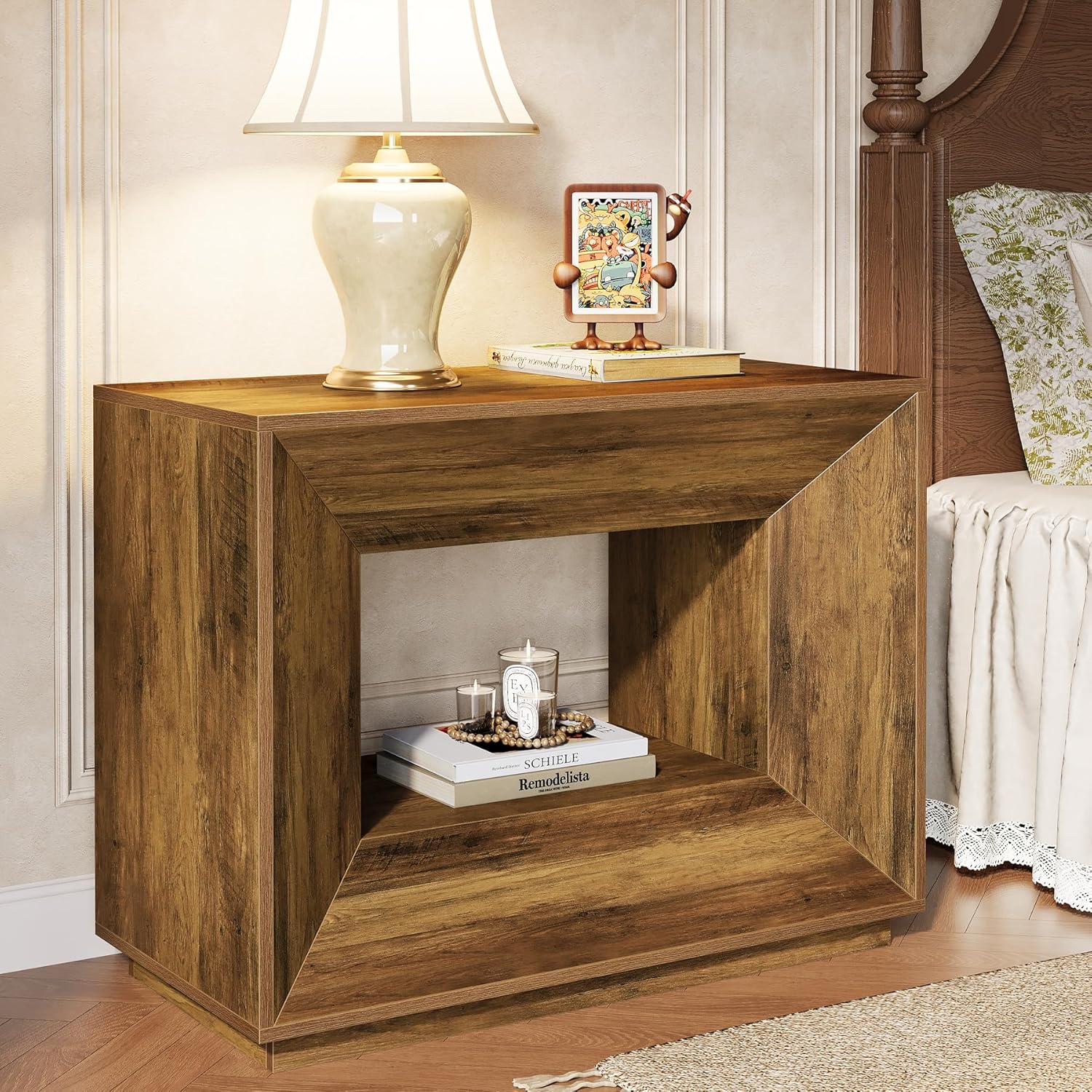 90 cm großer Side-Table im Vintage-Design fürs Schlafzimmer，Nachttisch mit Unterschrank