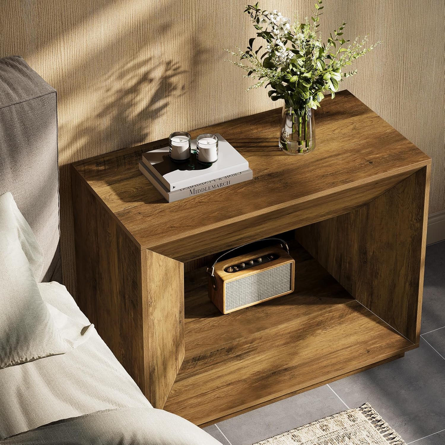 90 cm großer Side-Table im Vintage-Design fürs Schlafzimmer，Nachttisch mit Unterschrank