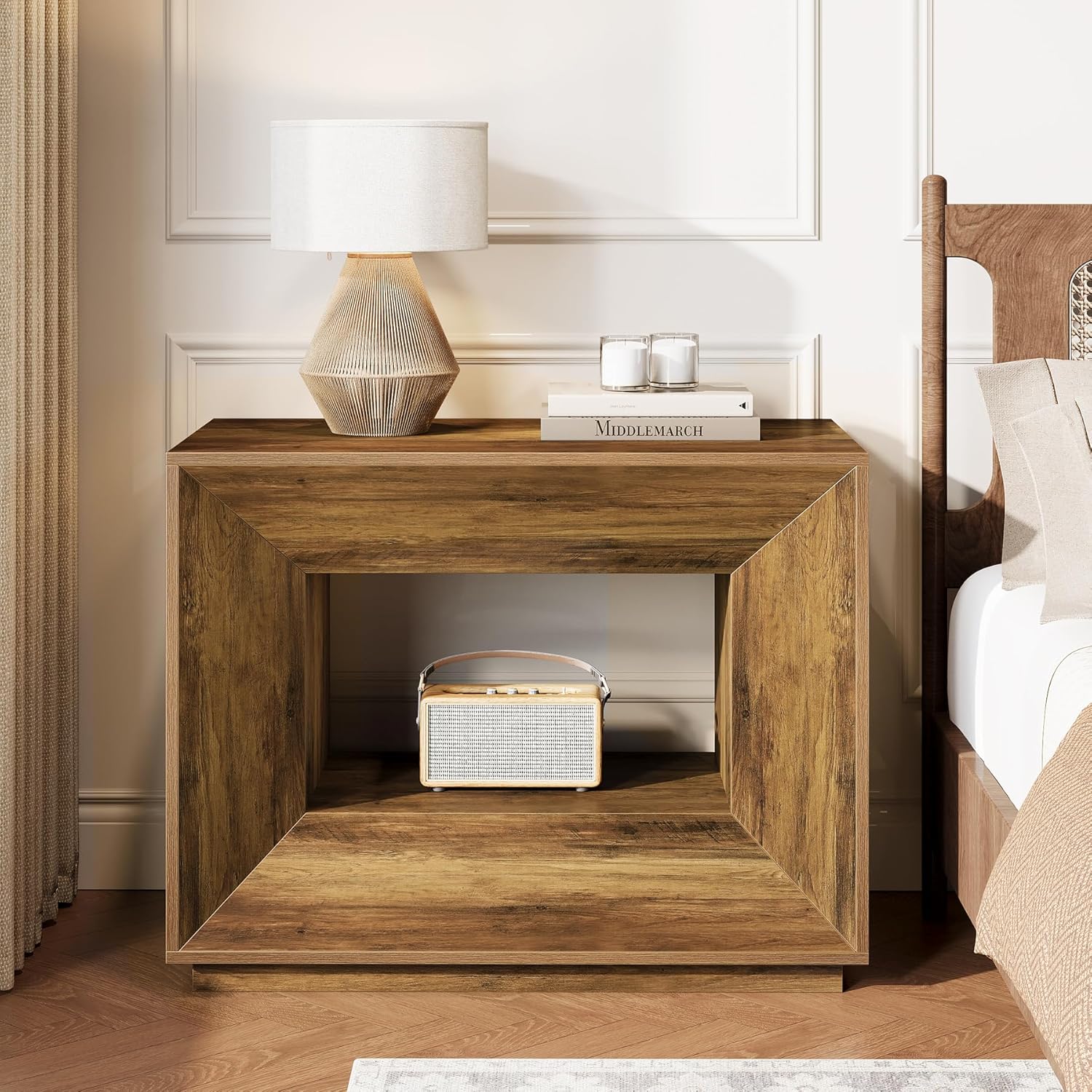 90 cm großer Side-Table im Vintage-Design fürs Schlafzimmer，Nachttisch mit Unterschrank