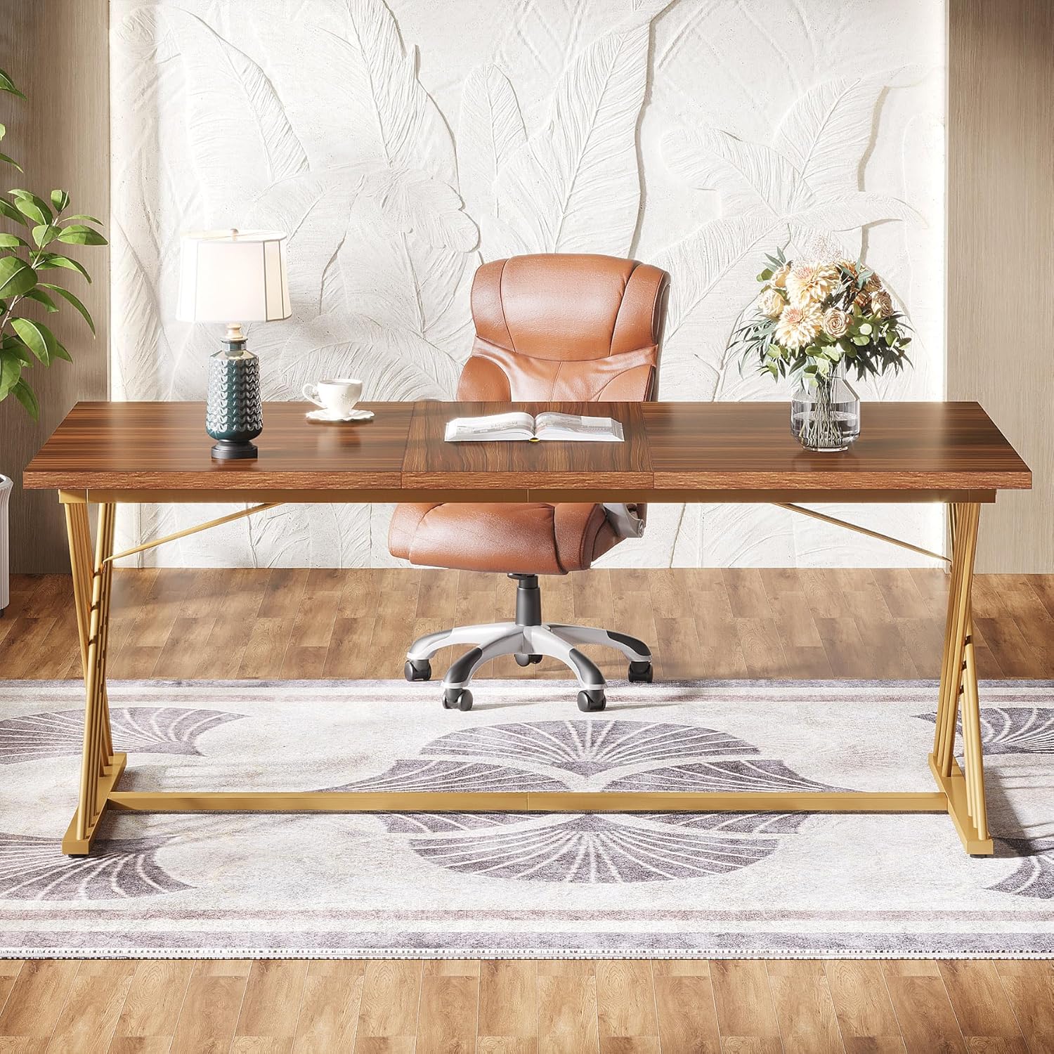 Tribesigns Bureau de travail, Table d'ordinateur moderne avec cadre métal doré
