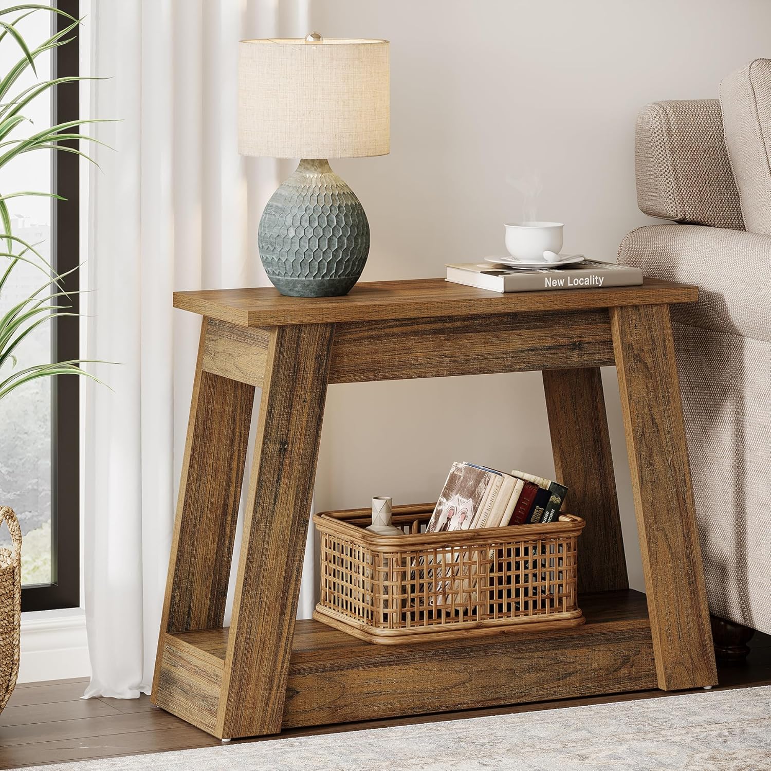 Tribesigns Table d'appoint étroite à 2 étagères, Table de chevet aspect bois petite table d'appoint style rustique