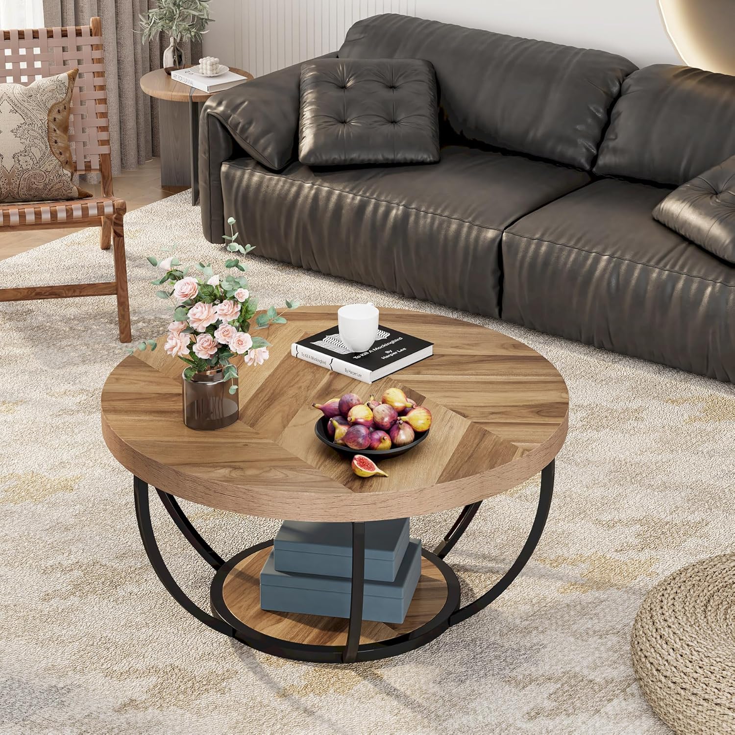 Tribesigns Table basse ronde, Table basse ovale en bois et metal noir