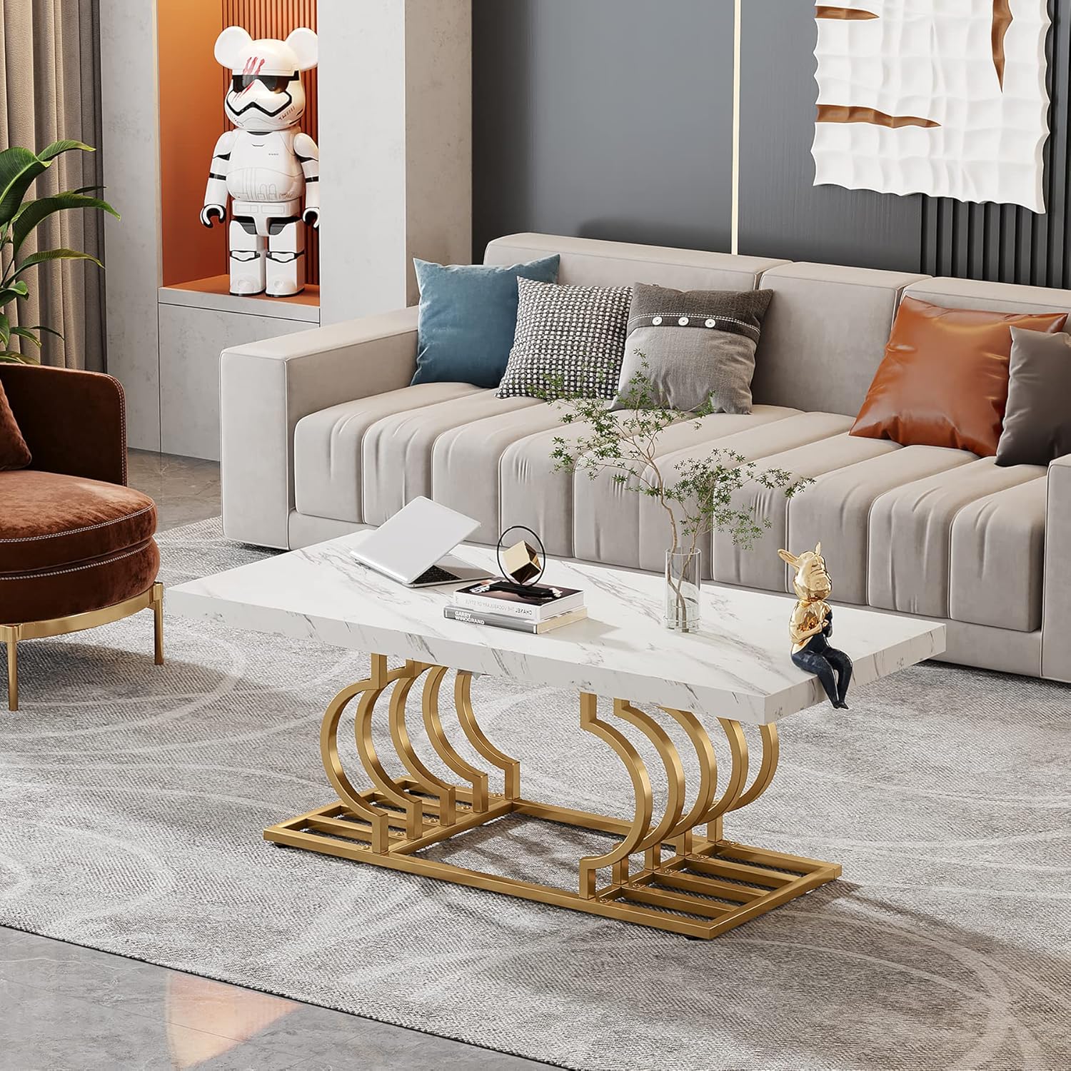 Tribesigns Table basse moderne, Faux marbre table avec piètement géométrique