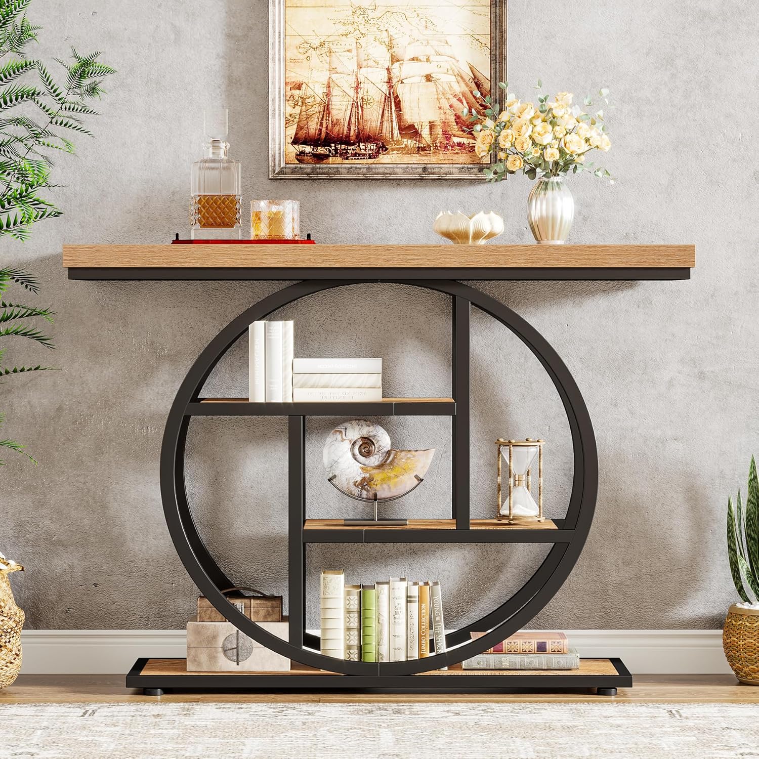 Tribesigns Table console à 4 niveaux avec base circulaire, Tables d'appoint étroites en bois