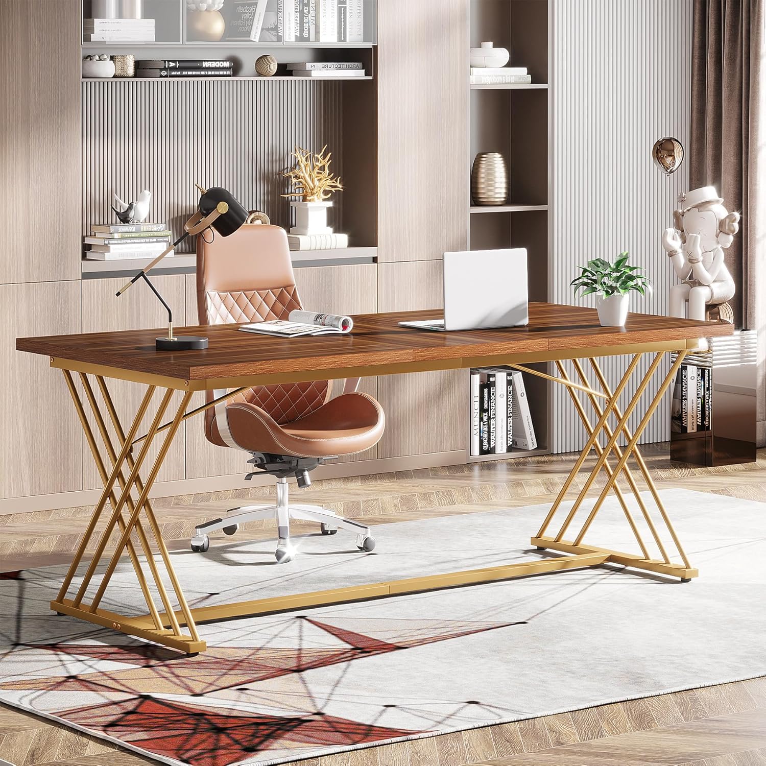 Tribesigns Bureau de travail, Table d'ordinateur moderne avec cadre métal doré