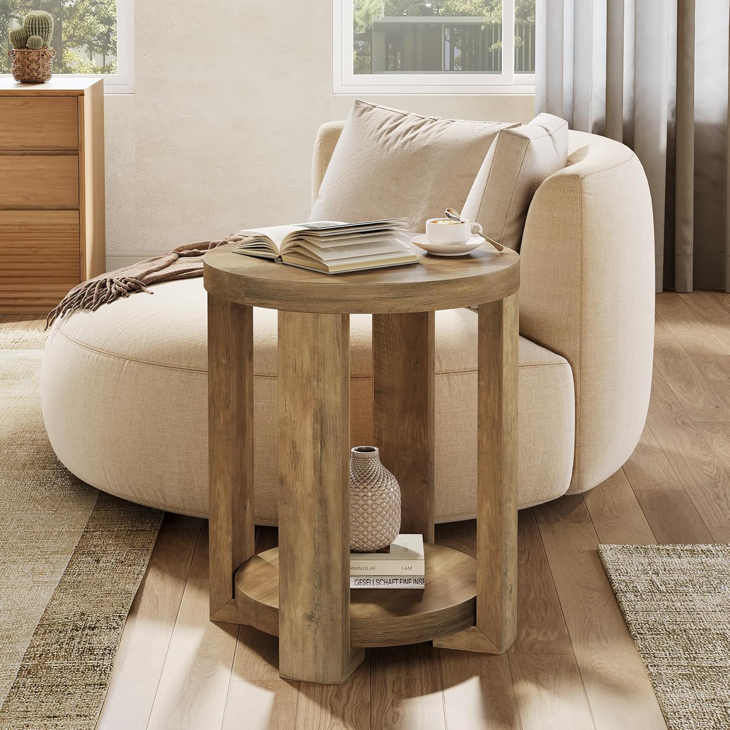 Tribesigns Table d'appoint ronde 50 cm avec rangement, Style campagne moderne table de chevet à 2 niveaux couleur marron