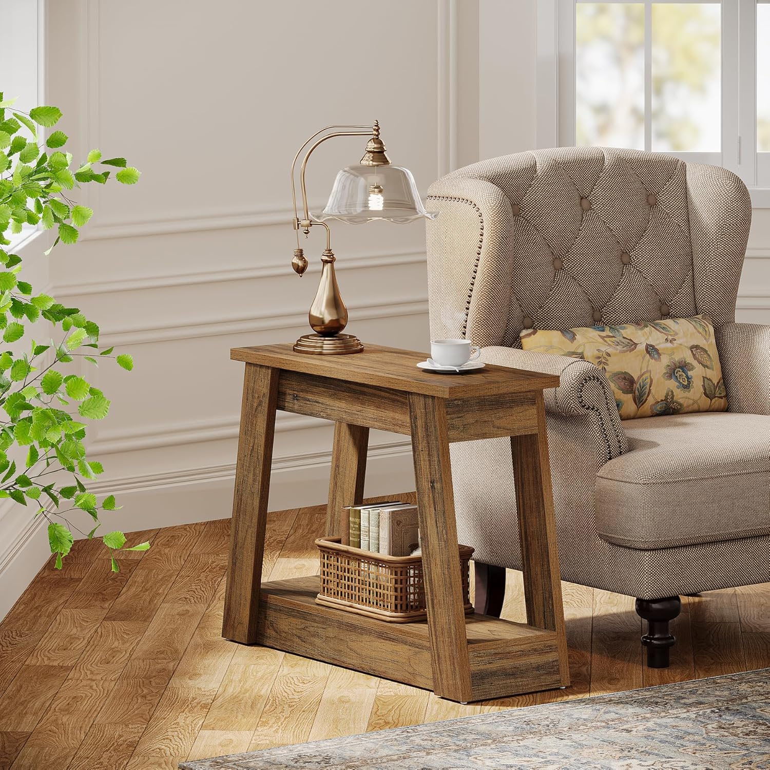 Tribesigns Table d'appoint étroite à 2 étagères, Table de chevet aspect bois petite table d'appoint style rustique