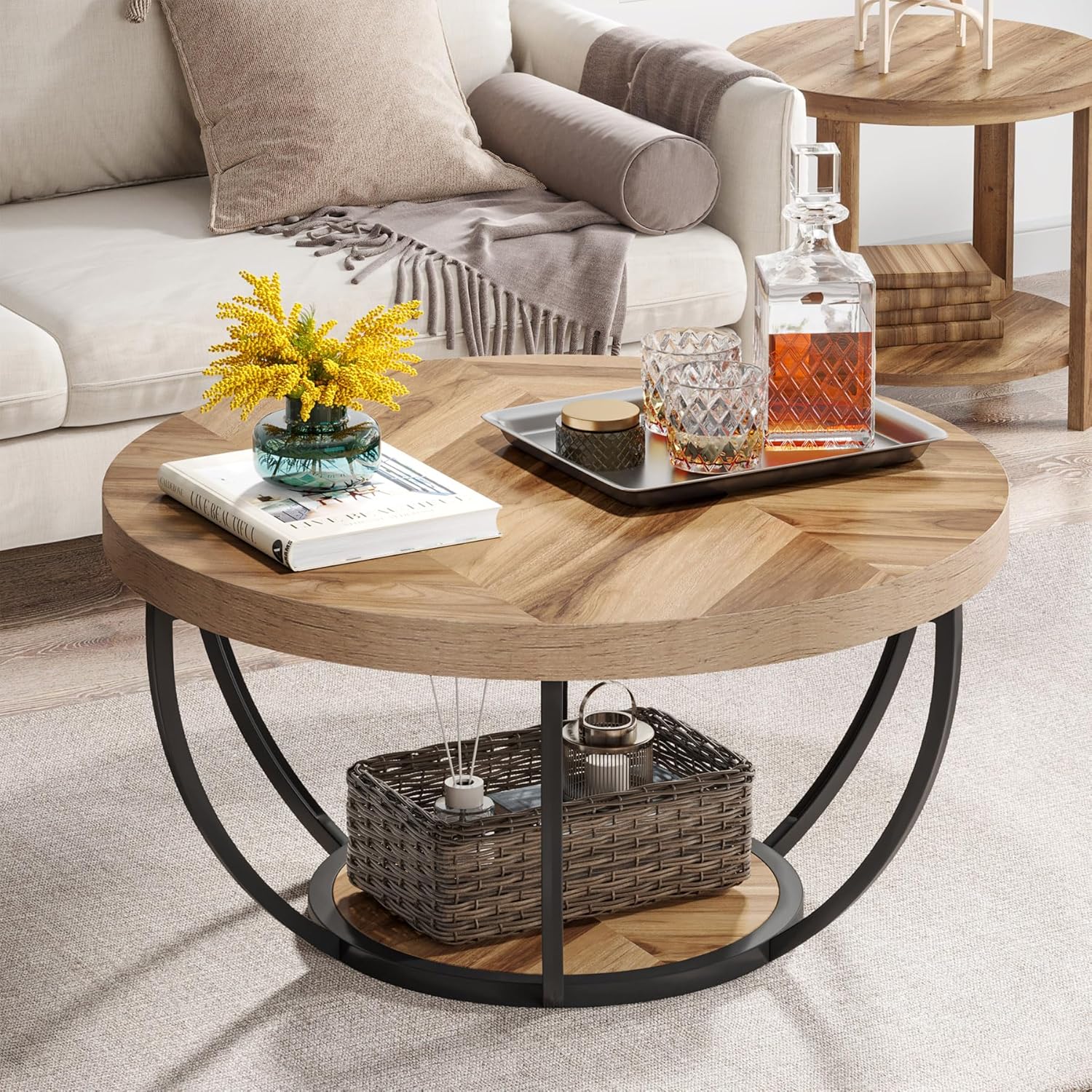 Tribesigns Table basse ronde, Table basse ovale en bois et metal noir