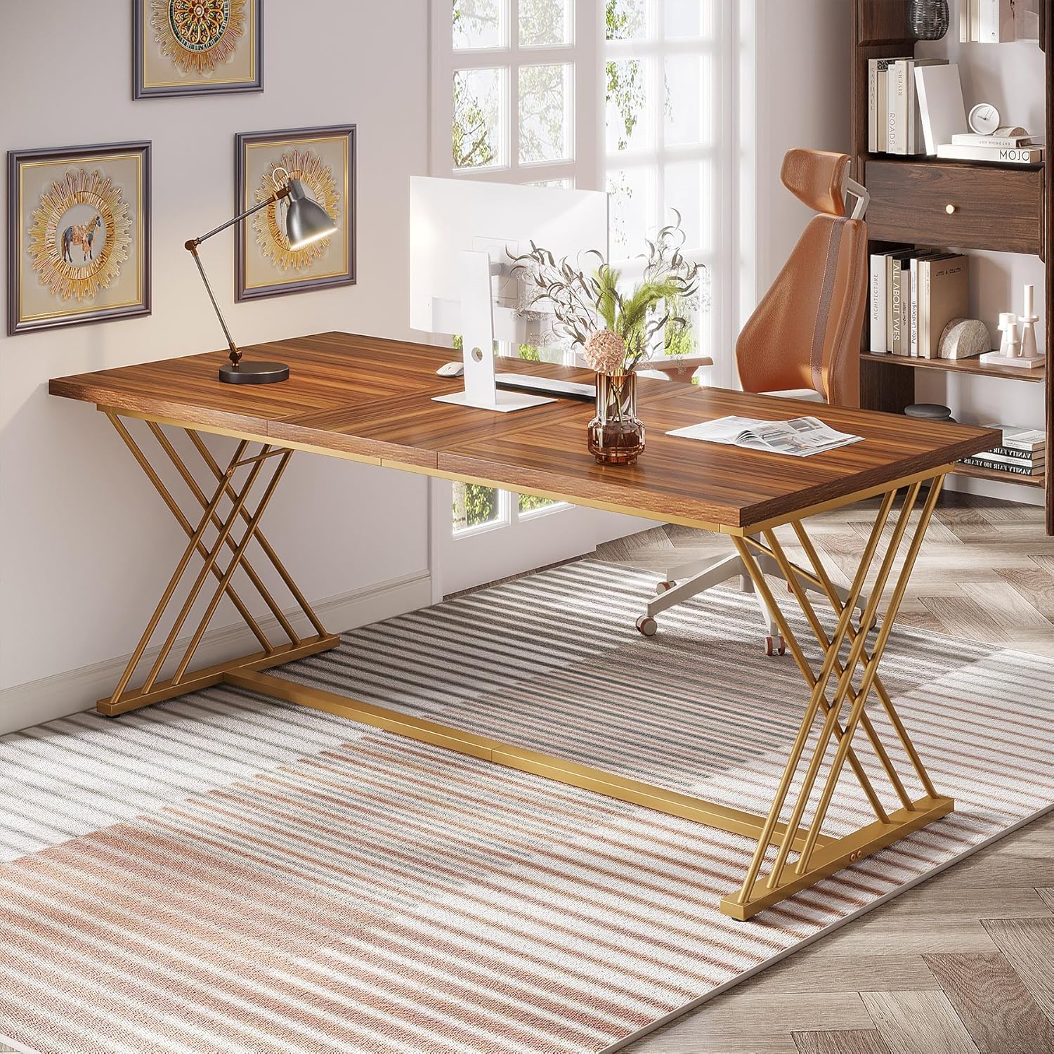 Tribesigns Bureau de travail, Table d'ordinateur moderne avec cadre métal doré
