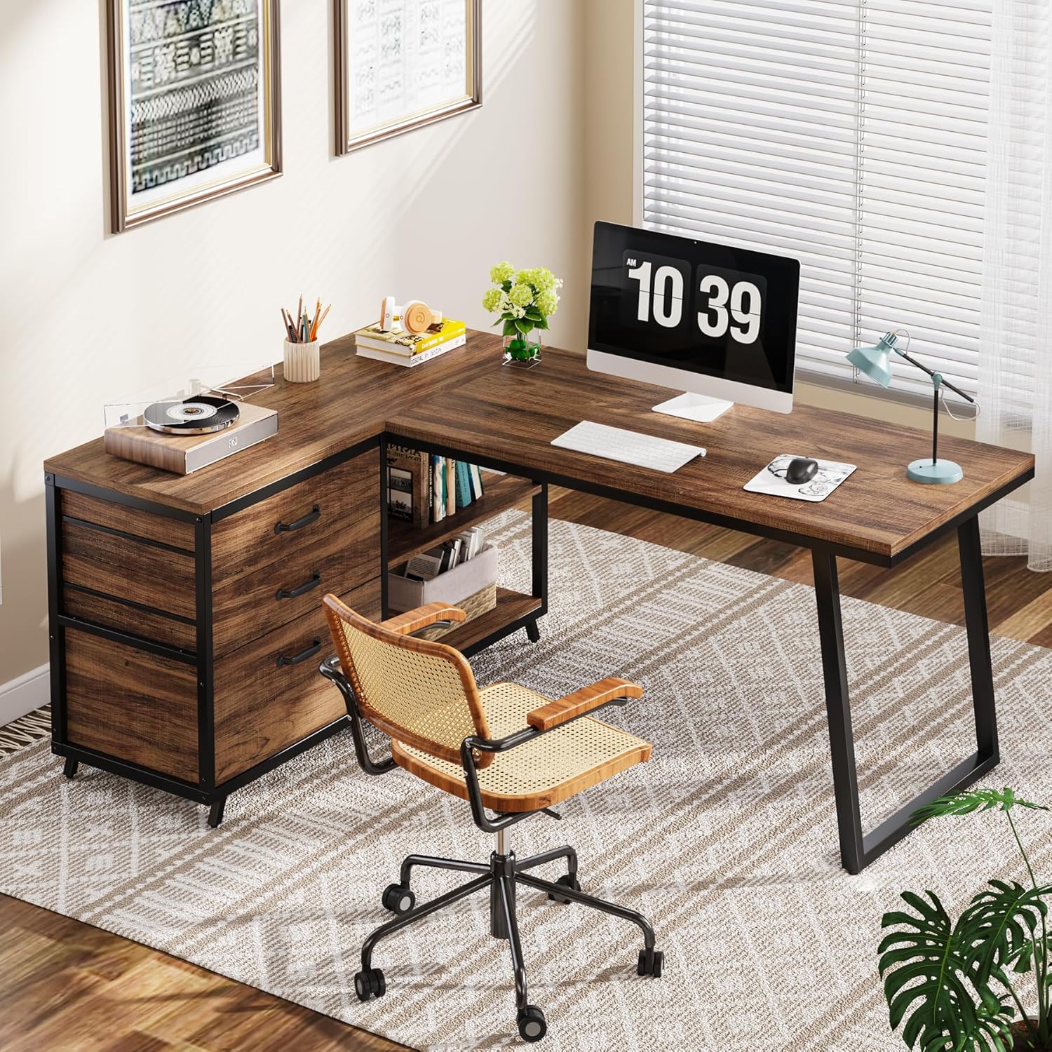 Tribesigns Bureau d'ordinateur en forme de L avec 3 tiroirs, Bureau d'angle réversible avec étagères