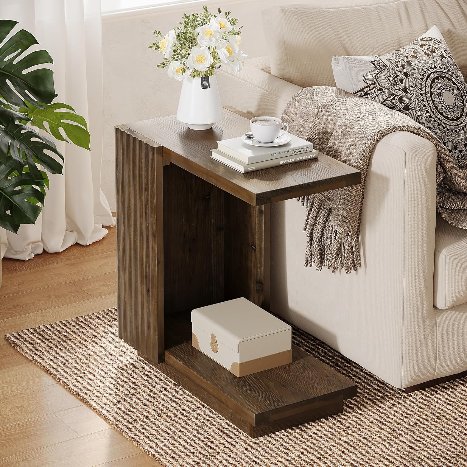 Tribesigns Table d'appoint en forme de C de 60 cm, Table étroite en bois pour canapé