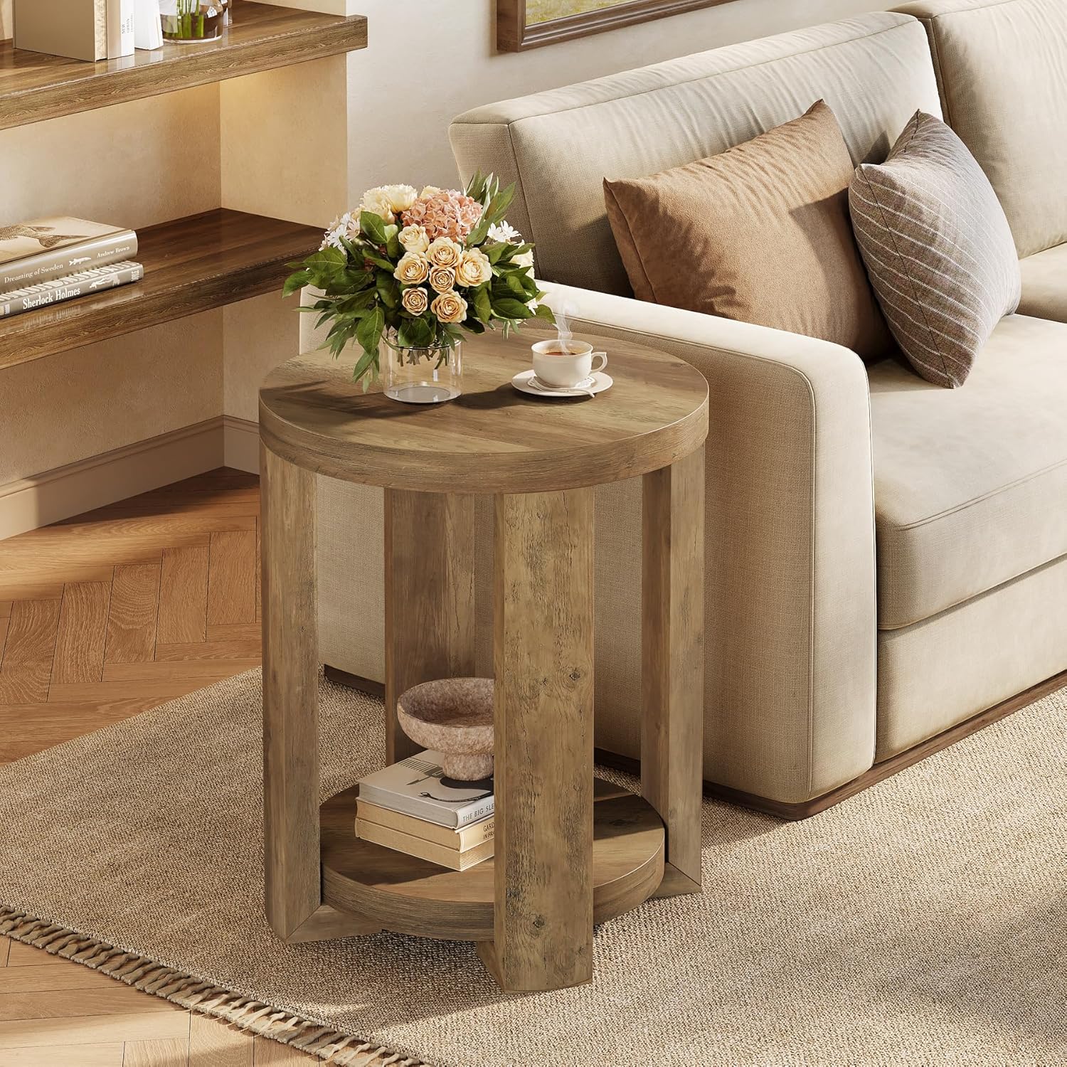 Tribesigns Table d'appoint ronde 50 cm avec rangement, Style campagne moderne table de chevet à 2 niveaux couleur marron