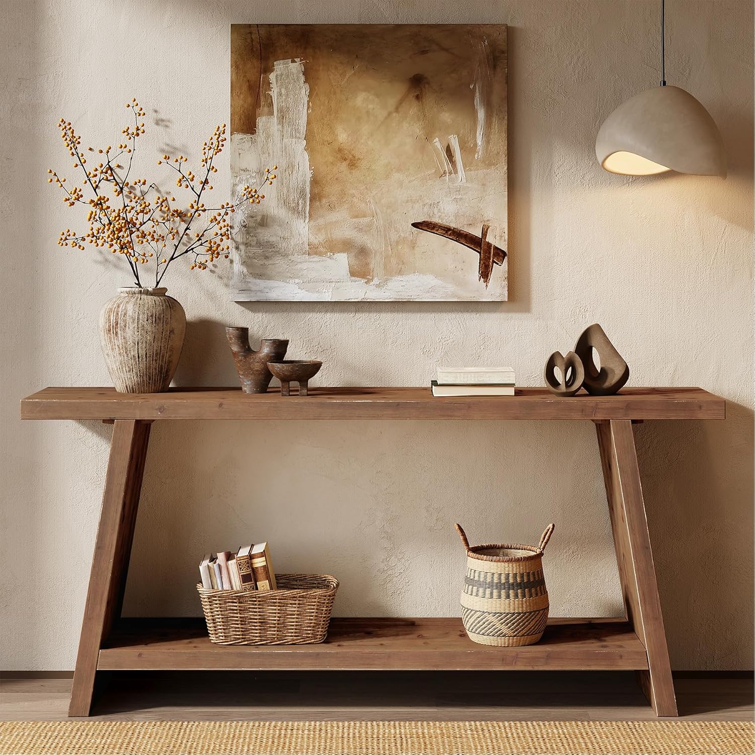 Table console de 160 cm de long, Table d'appoint étroite en bois massif avec 2 étagères