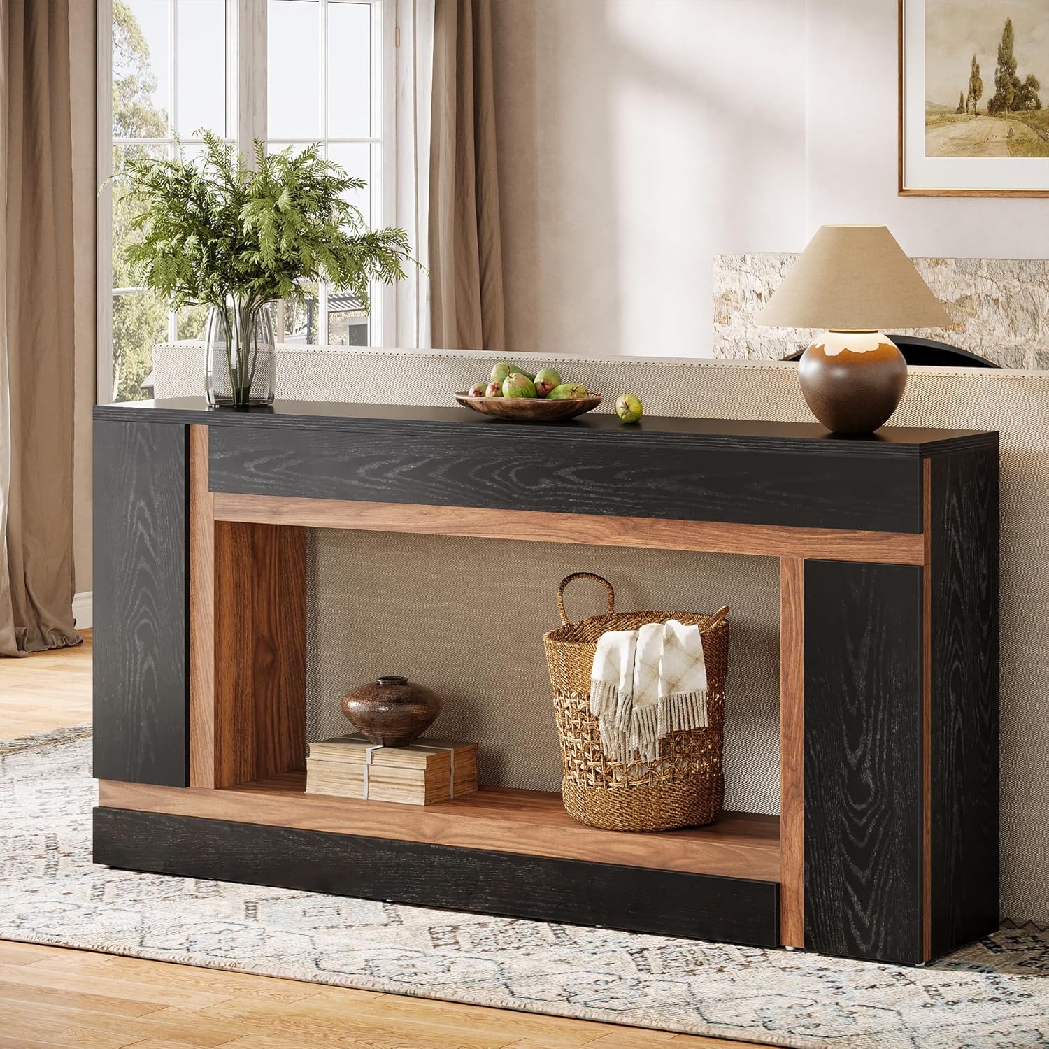 Tribesigns Table console noire et marron de 160 cm de long, Table de contrôle géométrique au design moderne