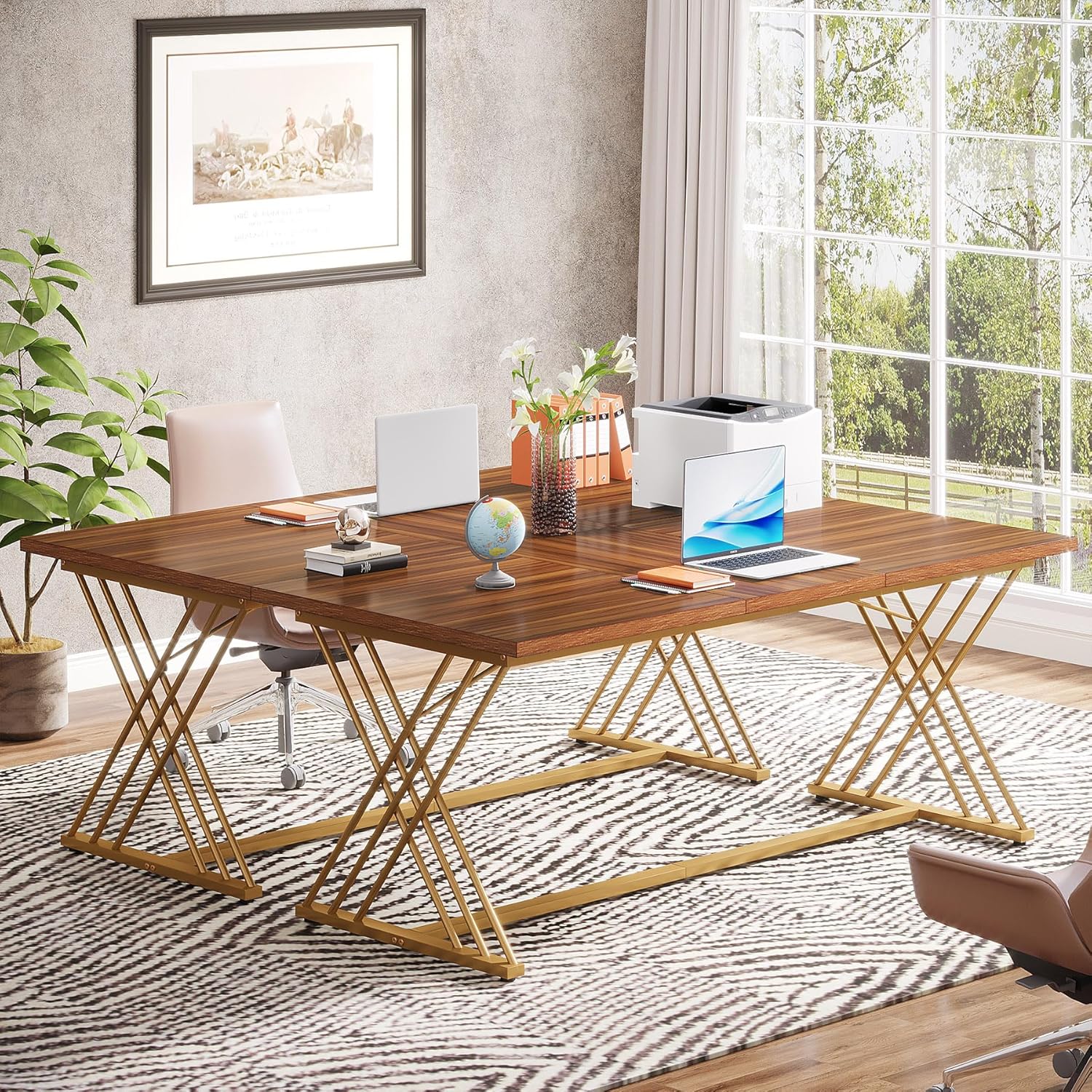 Tribesigns Bureau de travail, Table d'ordinateur moderne avec cadre métal doré