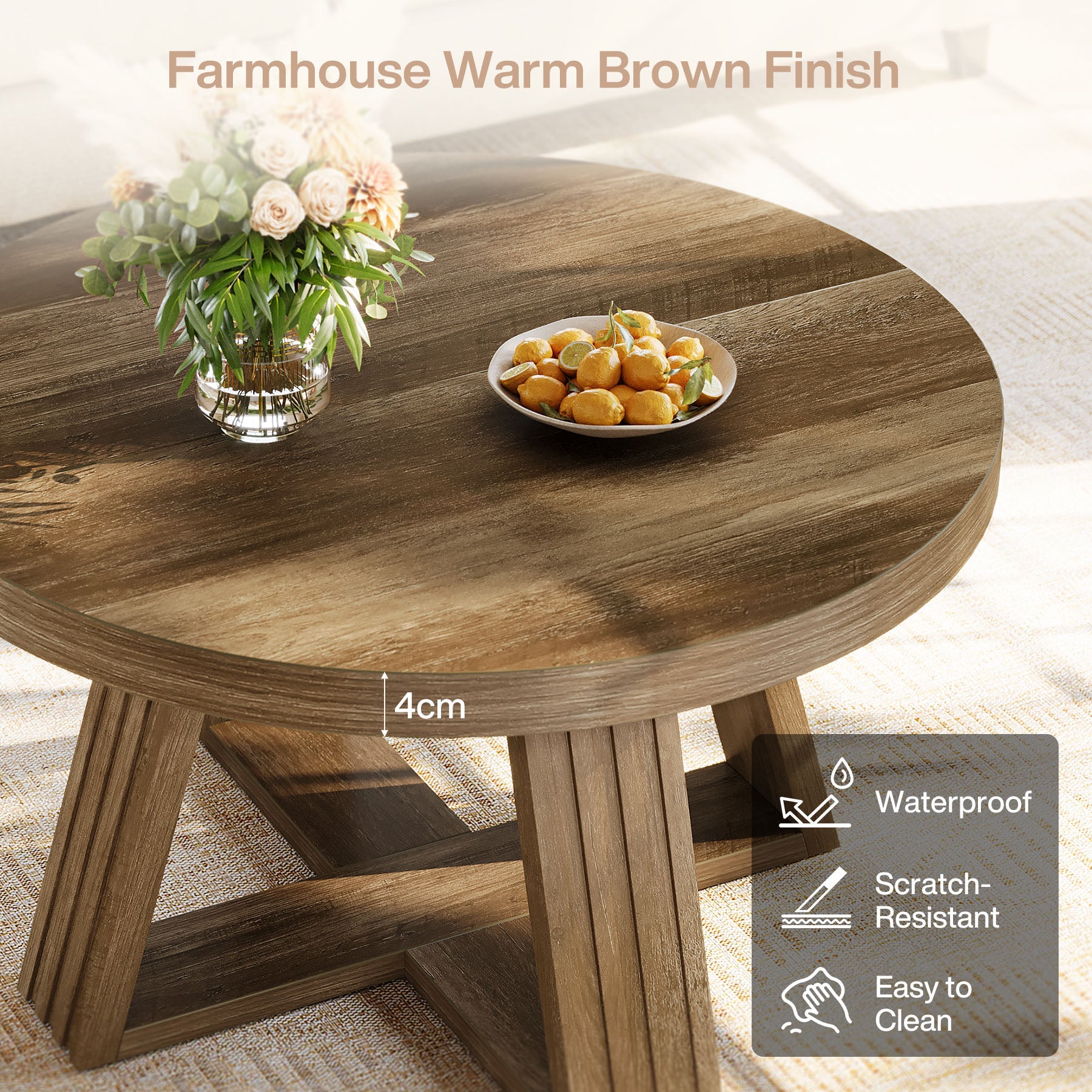 Tribesigns Table basse ronde 80 cm, Style champêtre table de salon avec motif bois et structure en croix