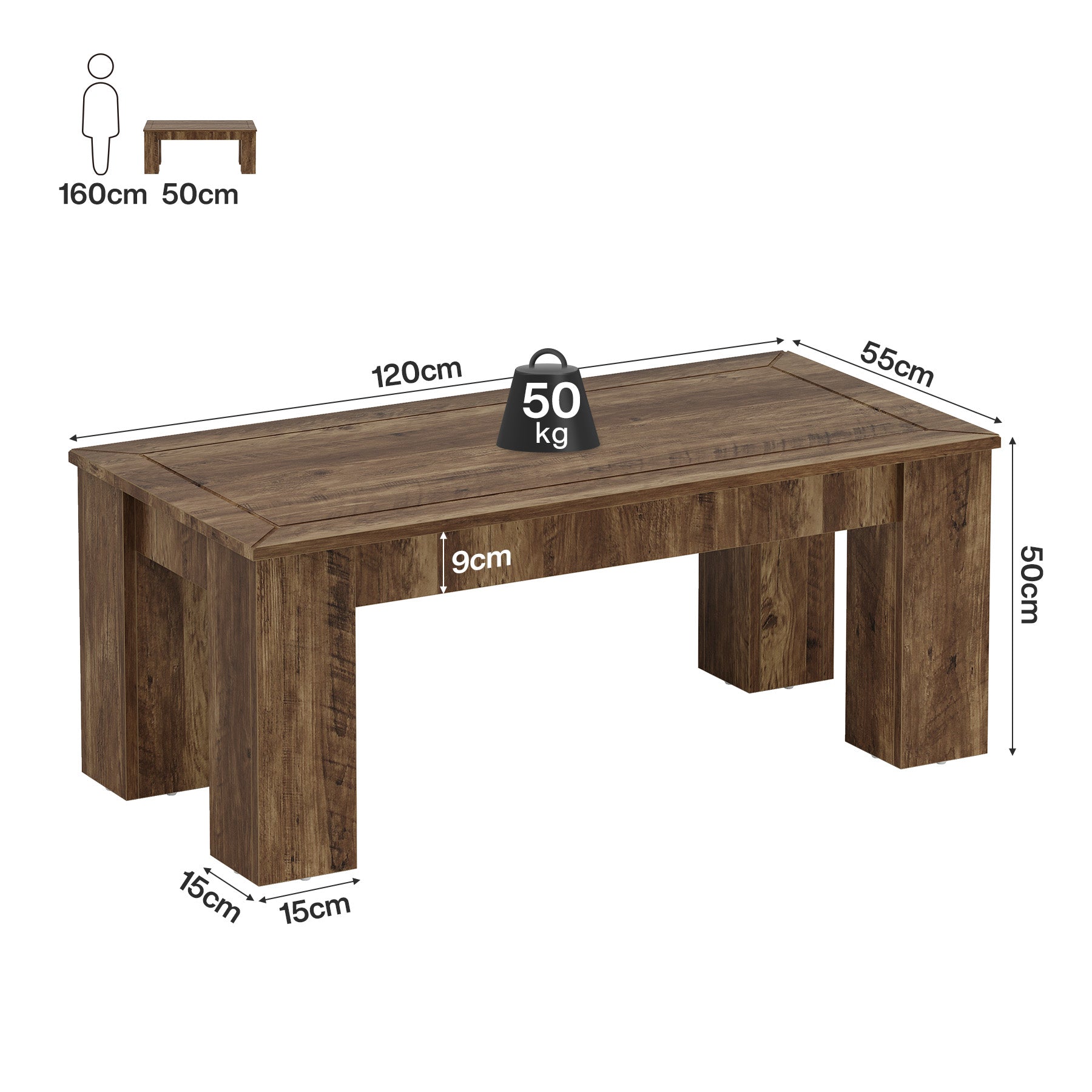 Tribesigns Table basse rectangulaire pour le salon 120 cm, Style rustique en bois avec pieds robustes