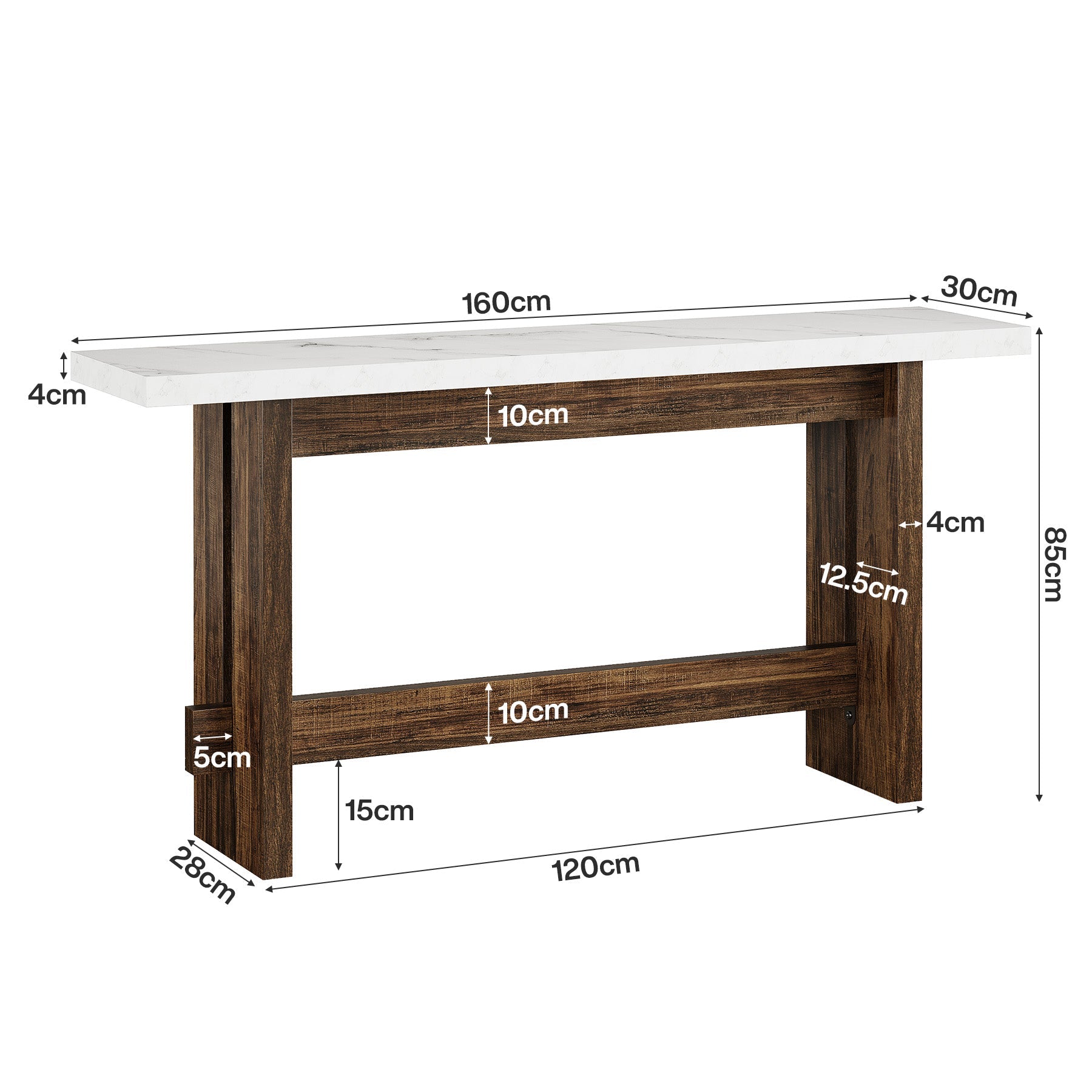 Tribesigns Console de style campagnard de 160 cm avec plateau aspect marbre, Table d'appoint étroite pour entrée et salon