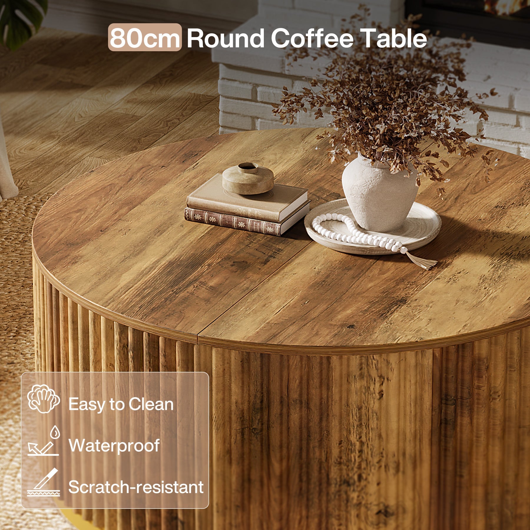 Tribesigns Table basse ronde de 80 cm de diamètre design côtelé, Table de salon avec piètement cylindrique stable
