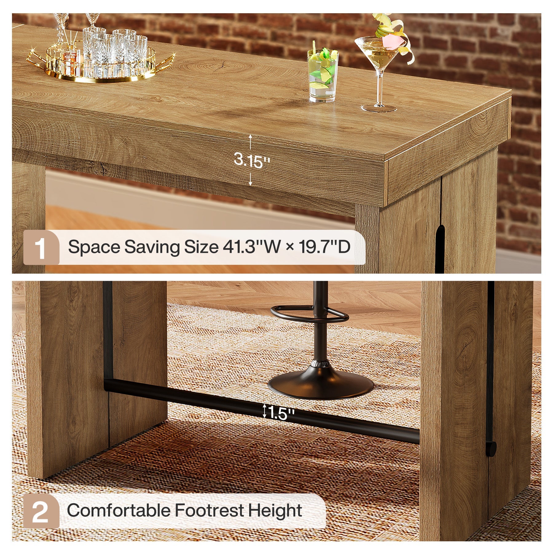 Table de bar 105 cm, Table haute avec repose-pieds, îlot de cuisine et table bistro de style champêtre