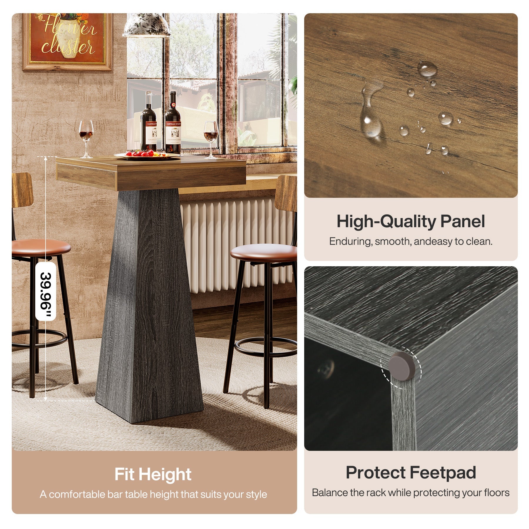 Tribesigns Table de bar de 102 cm de haut, Table carrée sur pied pour petits espaces avec base stable