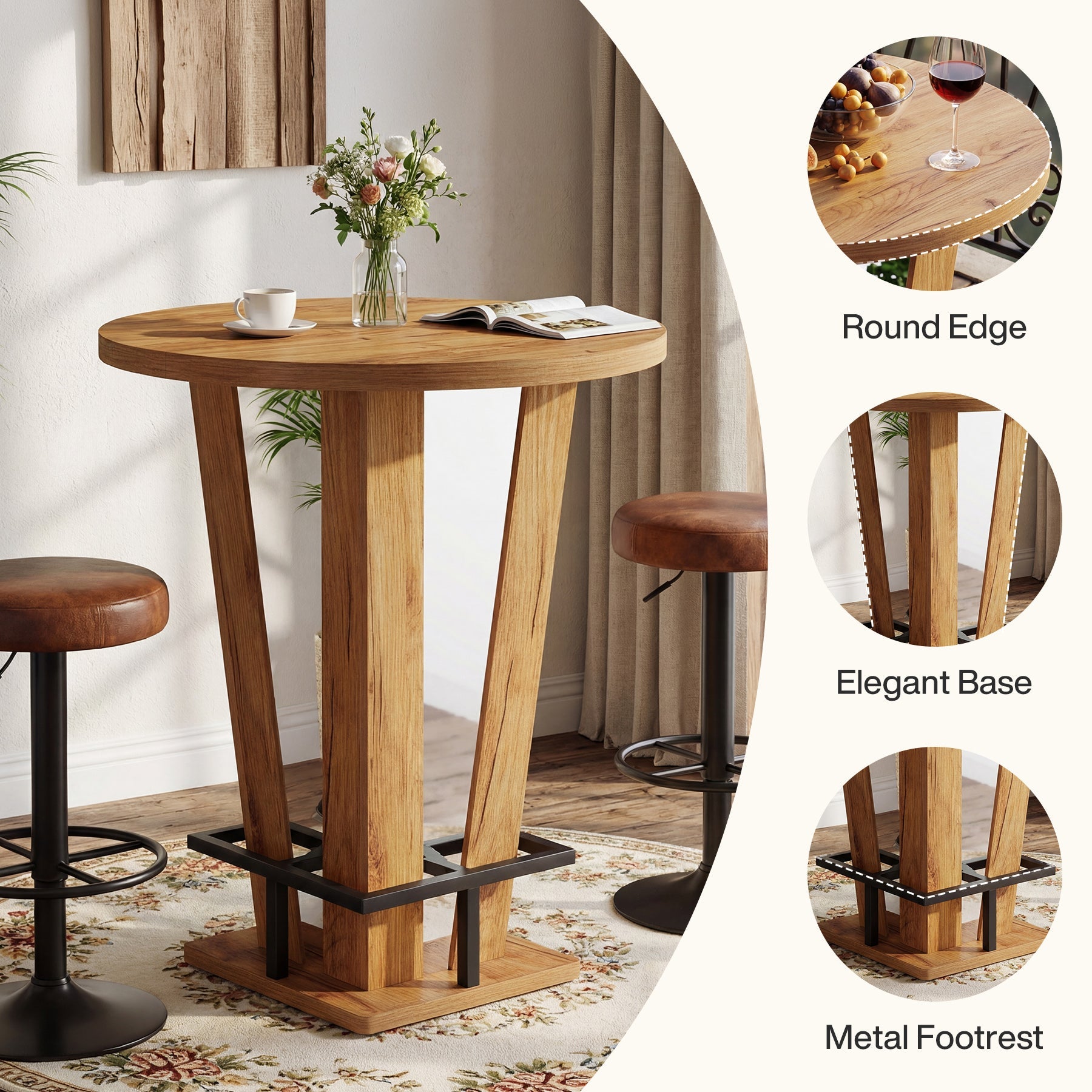 Tribesigns Runder Stehtisch 80 cm Ø im modernen Bar-Design, High Top Bistrotisch mit Metall-Fußstütze