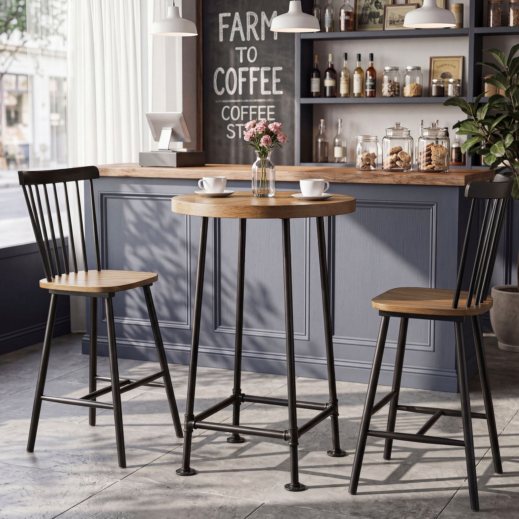 Tribesigns Table de bar ronde de 95 cm avec repose-pieds en métal, Table haute de style industriel pour cuisine et bistro (table seule)