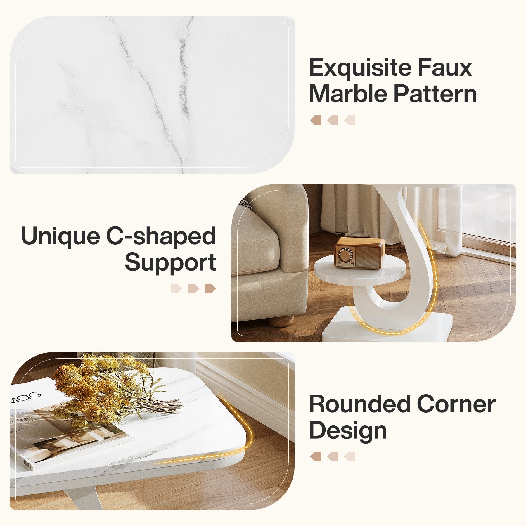 Tribesigns Table d'appoint étroite en forme de C à 2 niveaux, Table de chevet et table de canapé aspect marbre pour salon et chambre