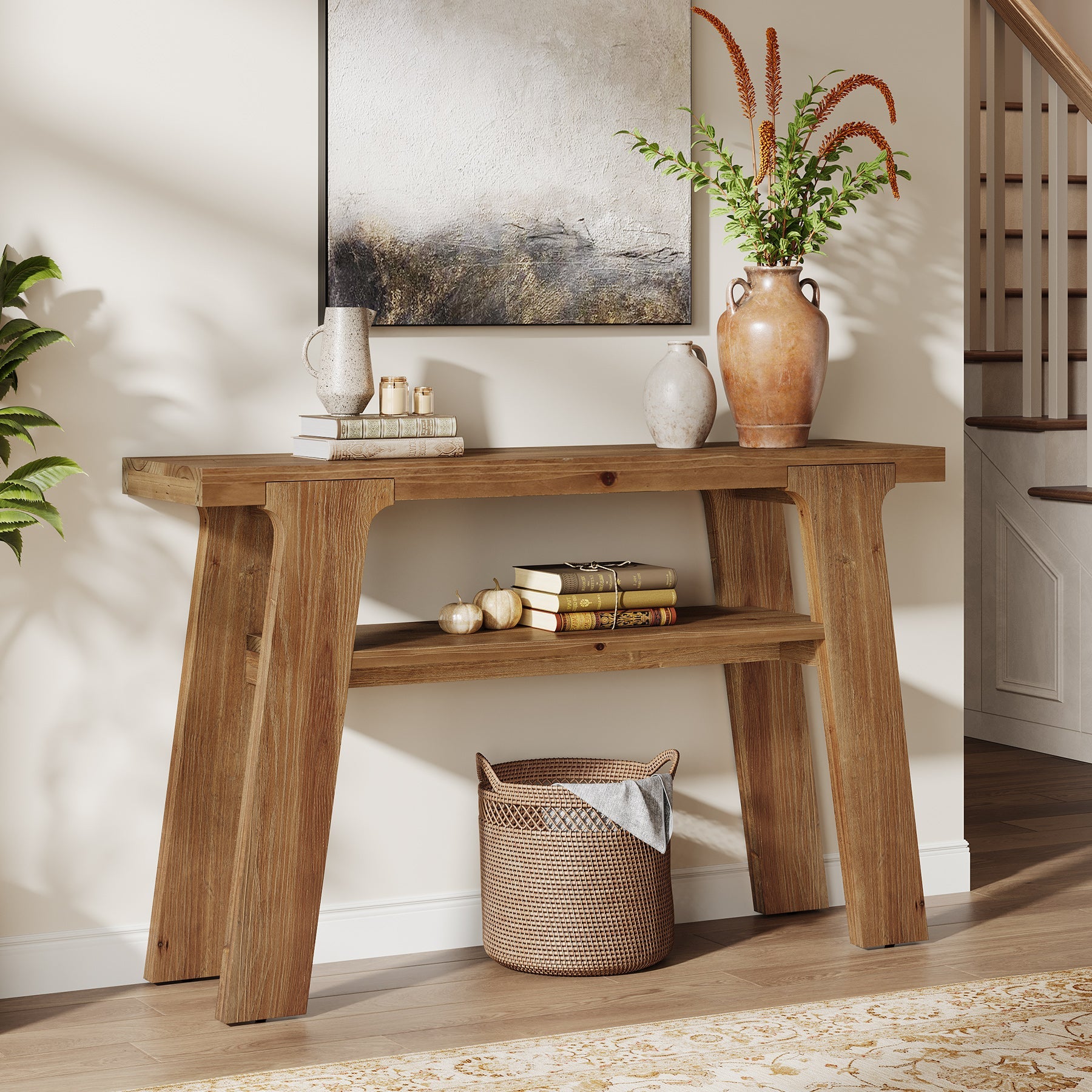 Tribesigns Console en bois massif de 120 cm, Style rustique idéale pour une entrée ou un canapé avec 2 étagères