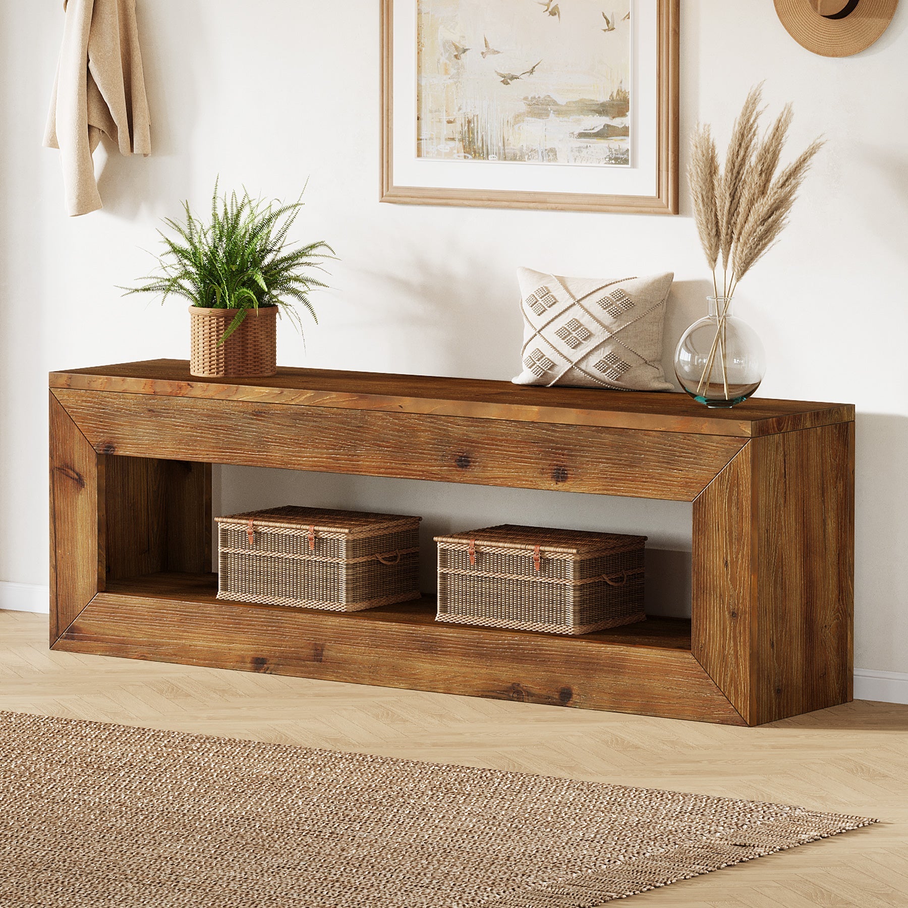 Banc d'entrée en bois massif de 120 cm avec étagère de rangement style rustique