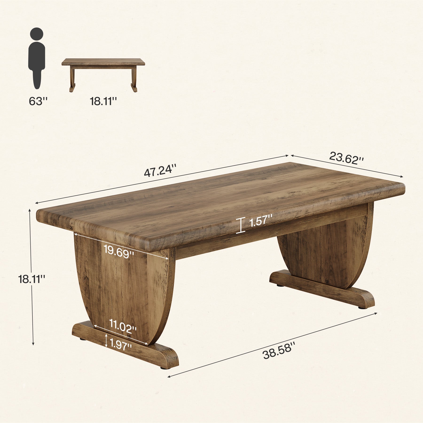 Tribesigns Table basse rectangulaire de 120 cm, Grande table en bois de style campagnard avec pied central robuste