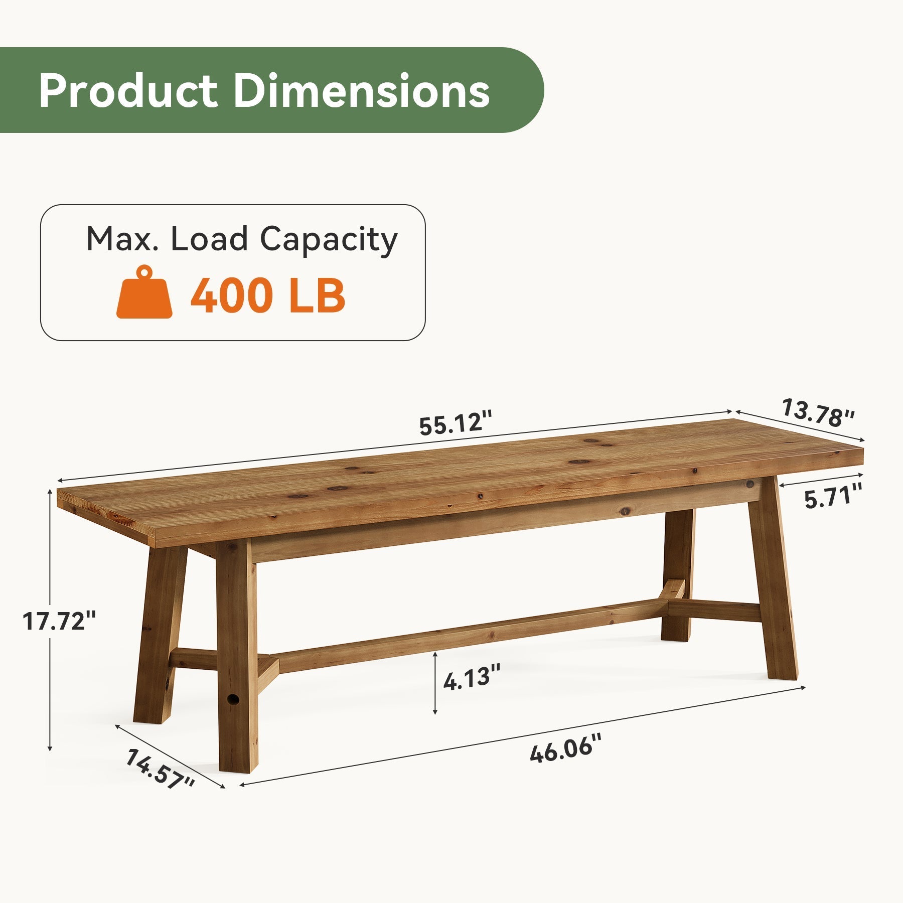 Banc de salle à manger rustique en bois massif 140 cm, long banc de cuisine