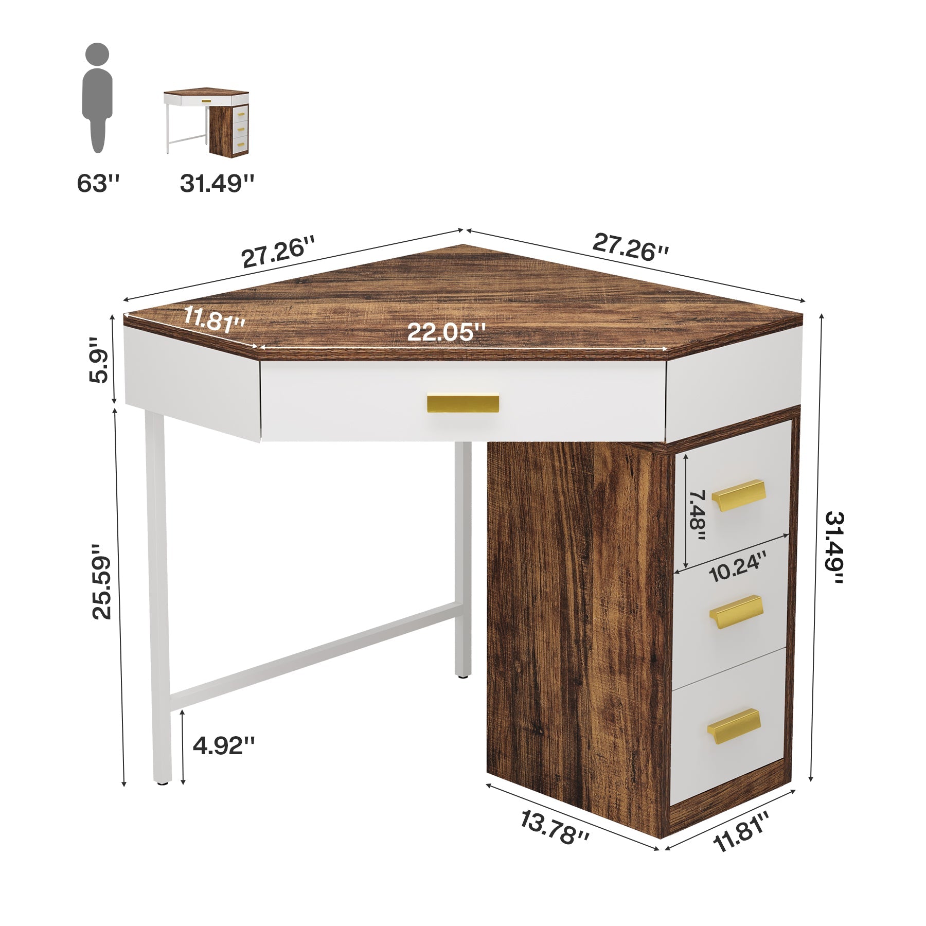 Bureau d'angle avec 4 tiroirs, Bureau triangulaire gain de place pour bureau à domicile