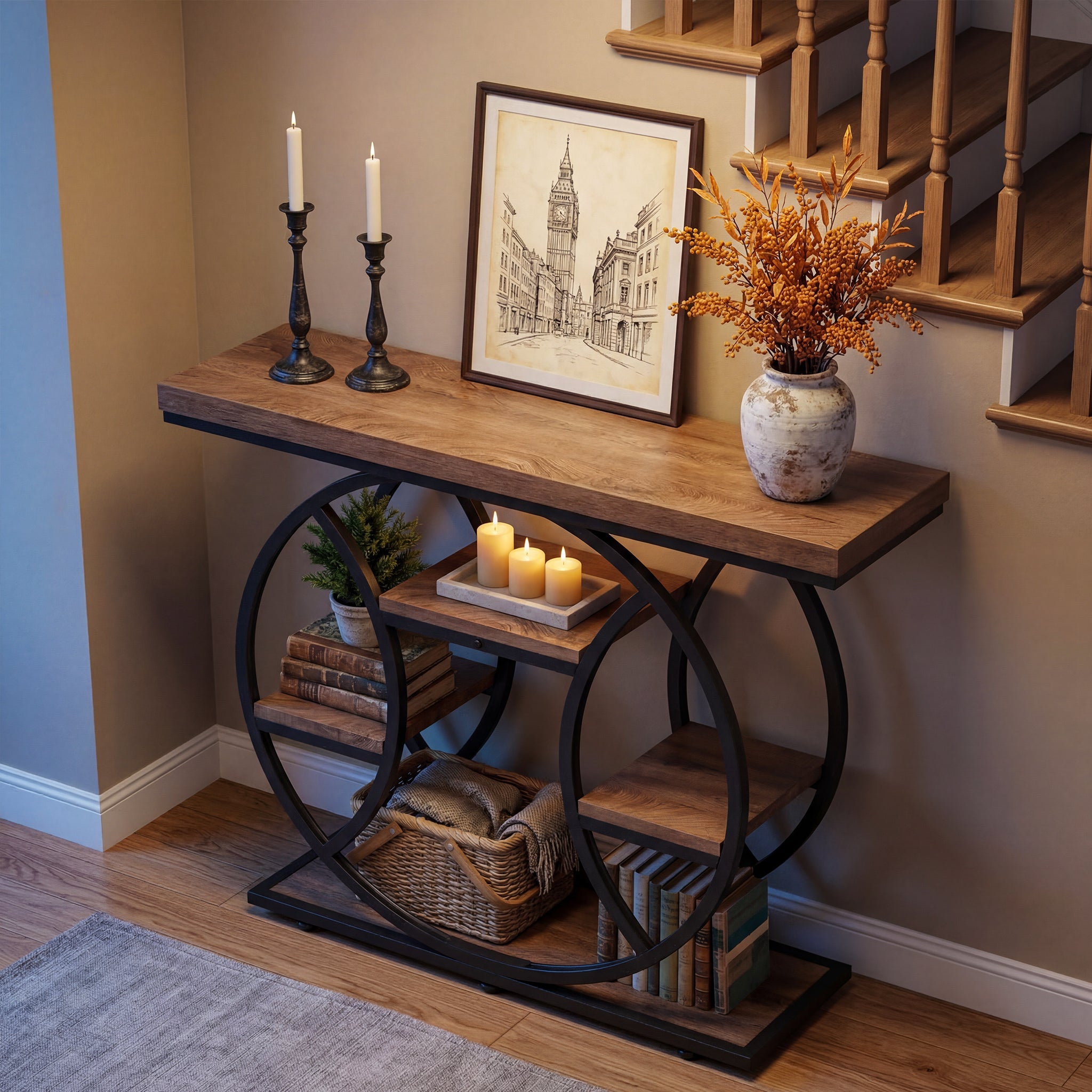 Tribesigns Console de 105 cm, Table d'appoint à 4 niveaux avec cadre rond