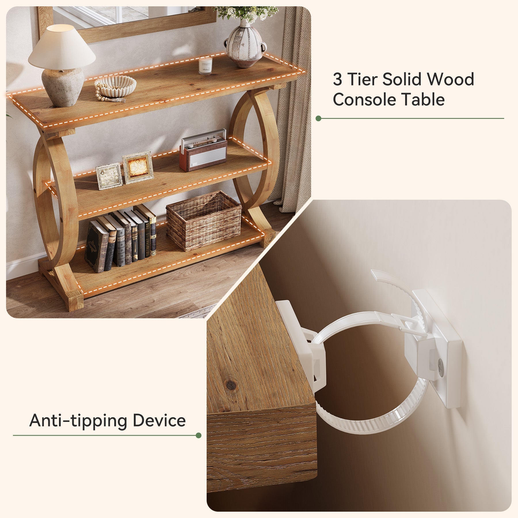 Tribesigns Console en bois massif de 105 cm, Table d'appoint étroite avec 3 étagères et un design en forme de queue de poisson sur les côtés
