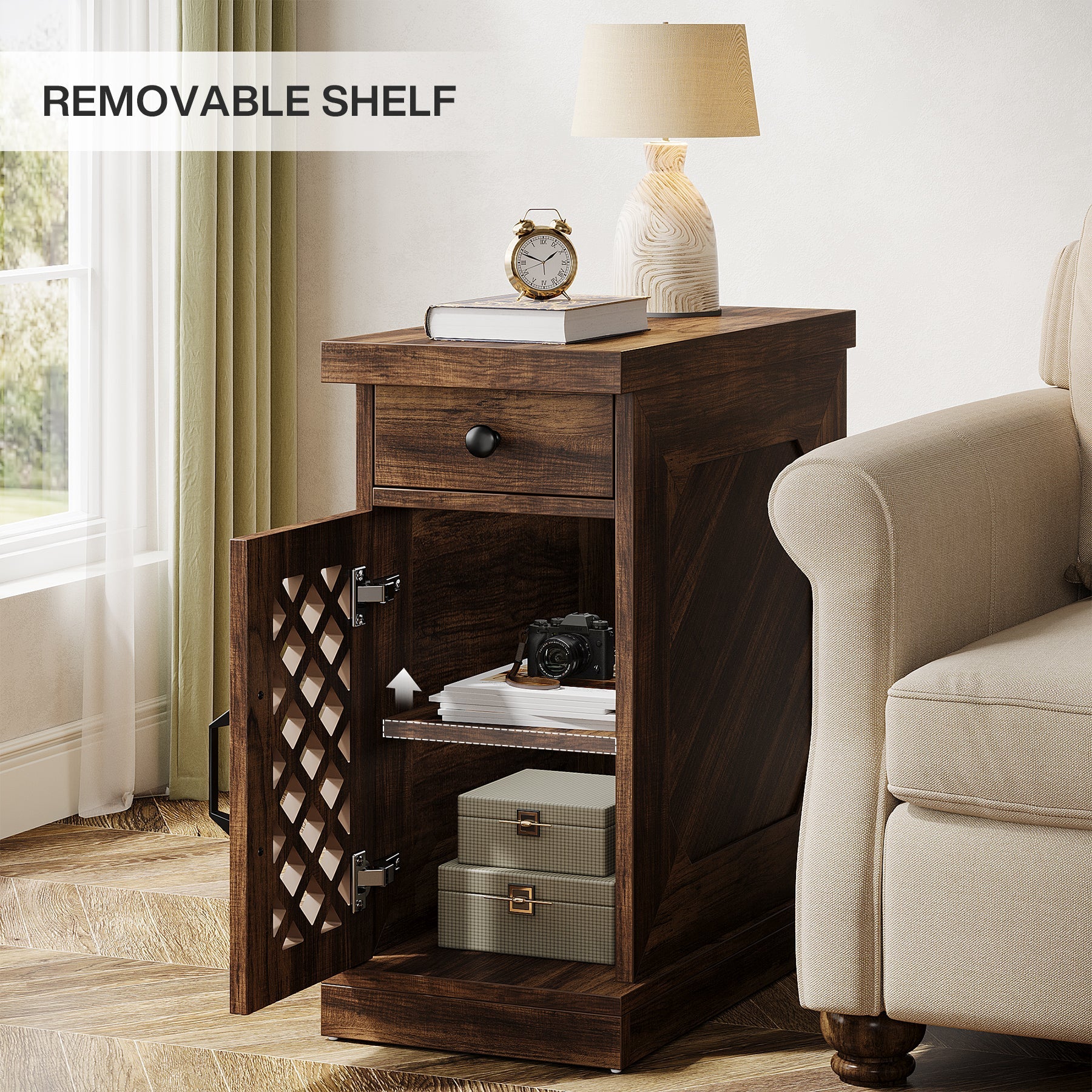 Tribesigns Table d'appoint de 65 cm, Table d'appoint étroite avec tiroir et placard