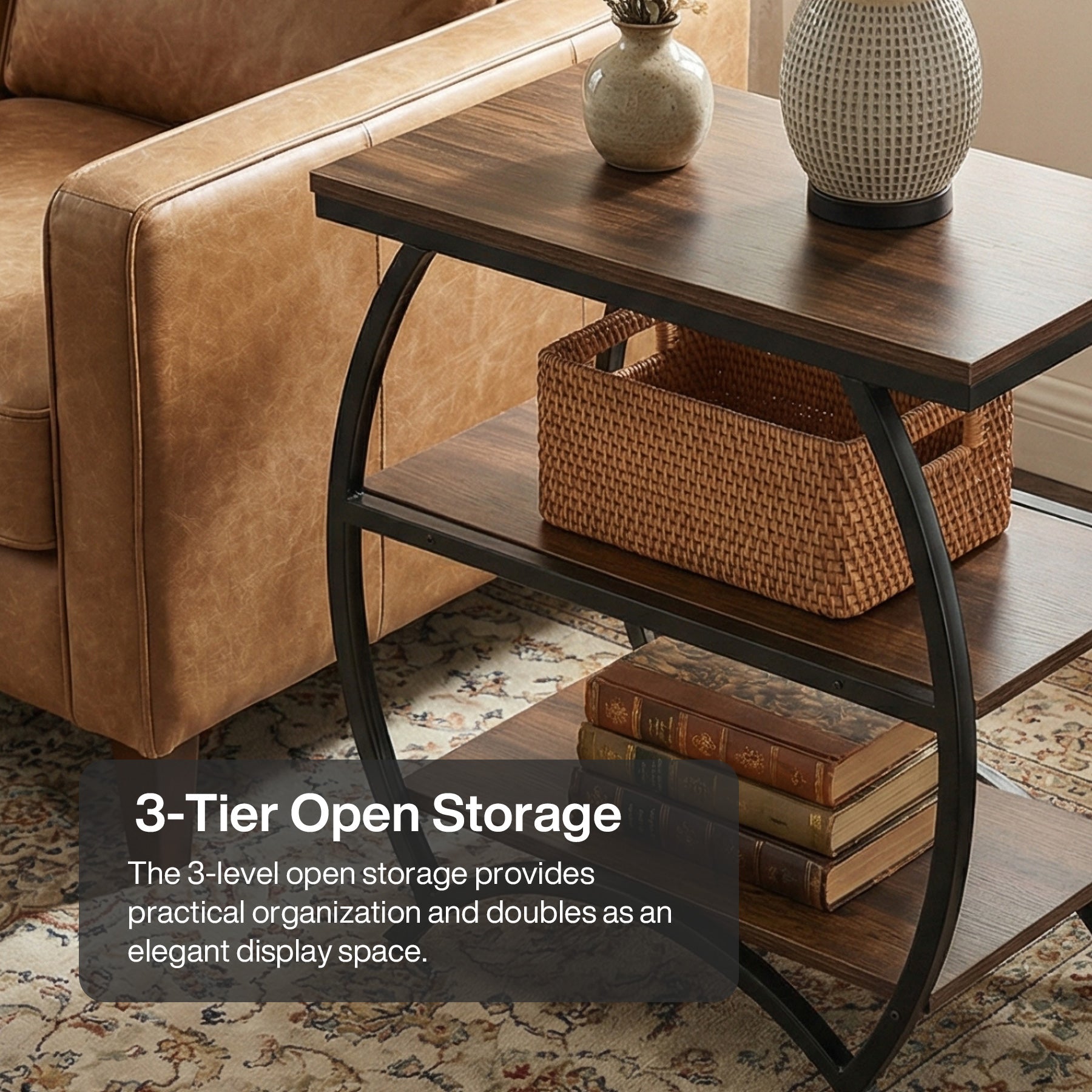 Tribesigns Table d'appoint étroite de 60 cm avec 3 niveaux de rangement, Table de chevet industrielle pour salon ou chambre
