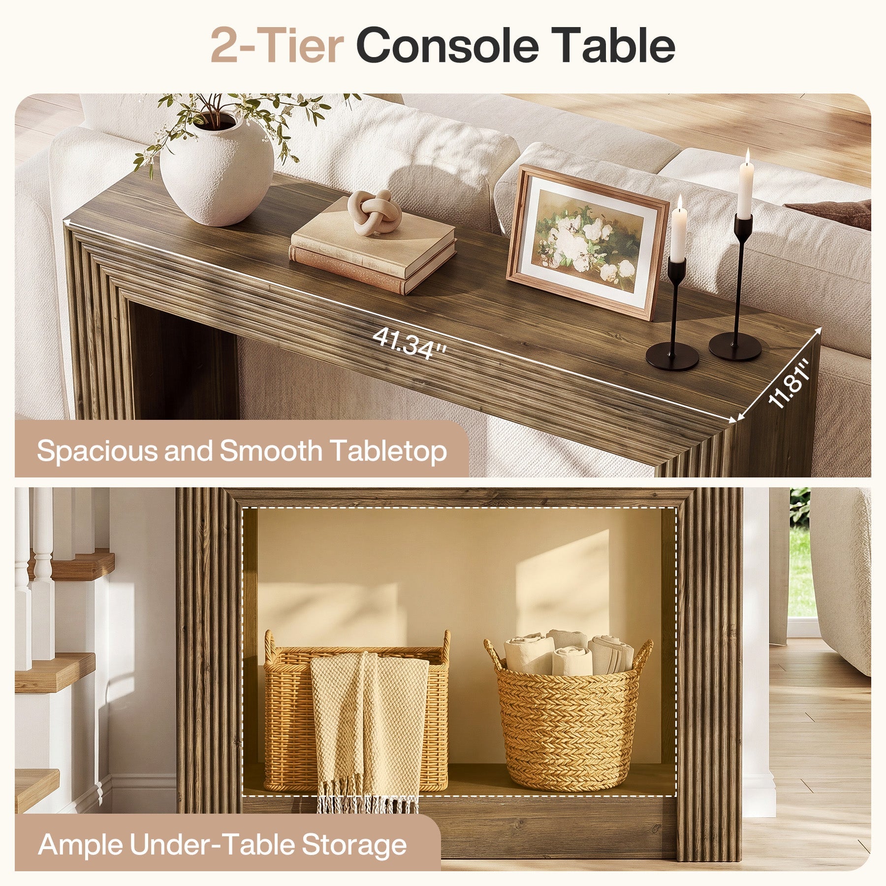 Tribesigns Console de style campagnard de 105 cm avec rangement, Table d'appoint étroite à 2 niveaux