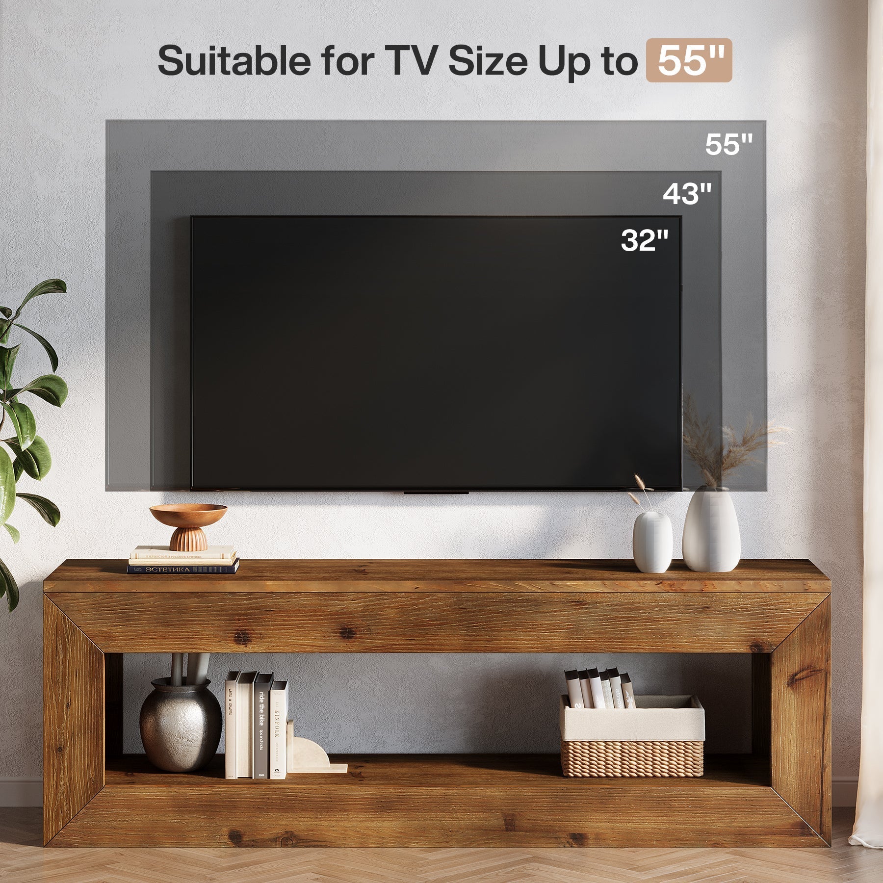 Tribesigns Meuble TV 120 cm en bois massif avec rangement, Meuble bas rustique pour équipement multimédia