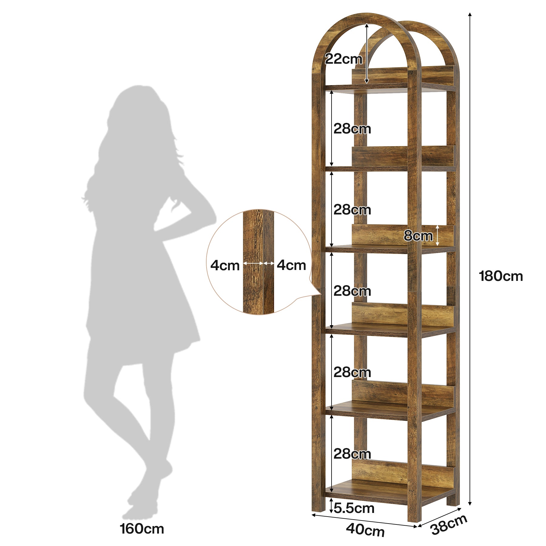 Tribesigns Bibliothèque 6 Niveaux 180cm, Bois Étagère Bibliotheque livre ouverte arqué rack de rangement haut