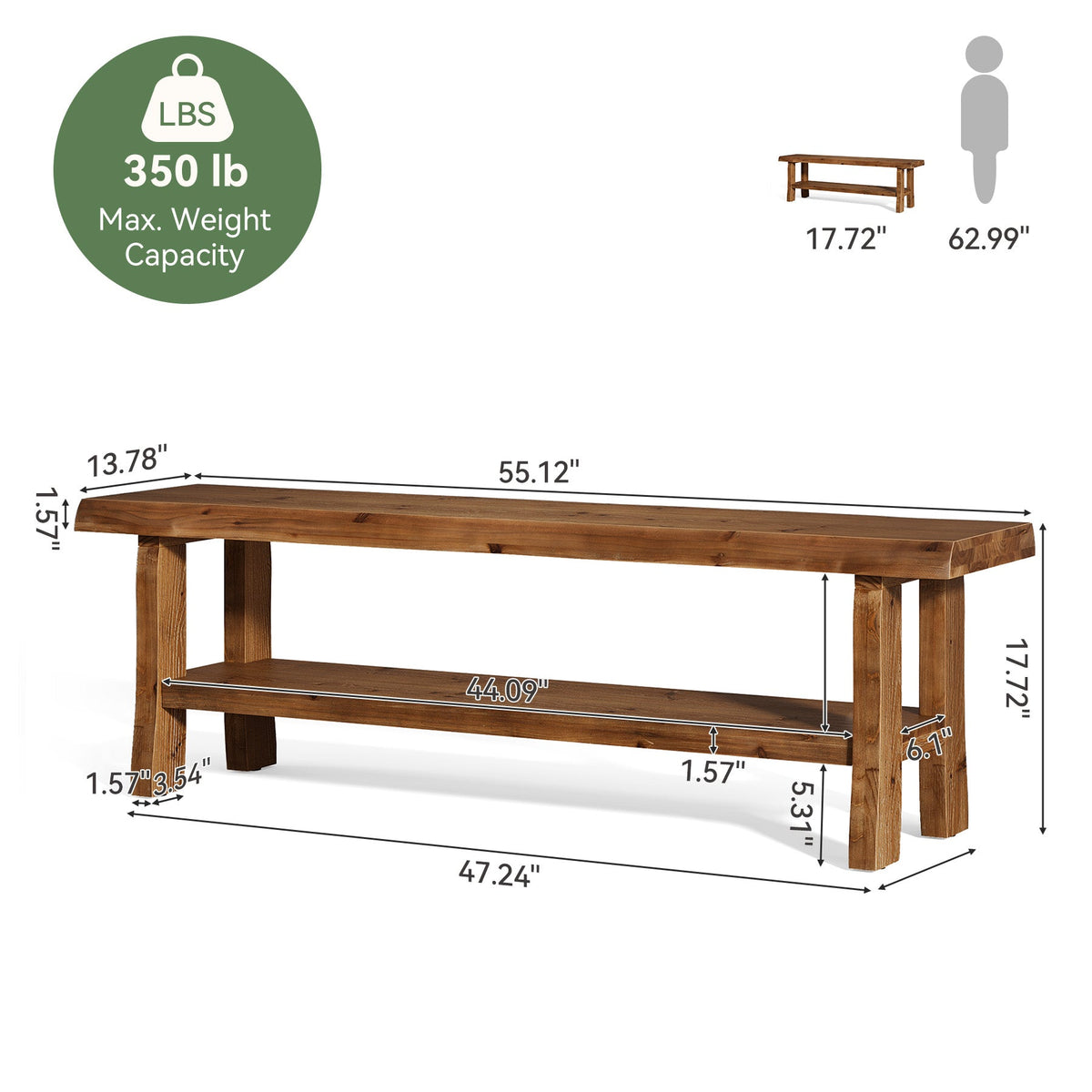Tribesigns Banc à chaussures en bois massif (140 cm) avec étagère, Style maison de campagne pour 2 à 3 personnes