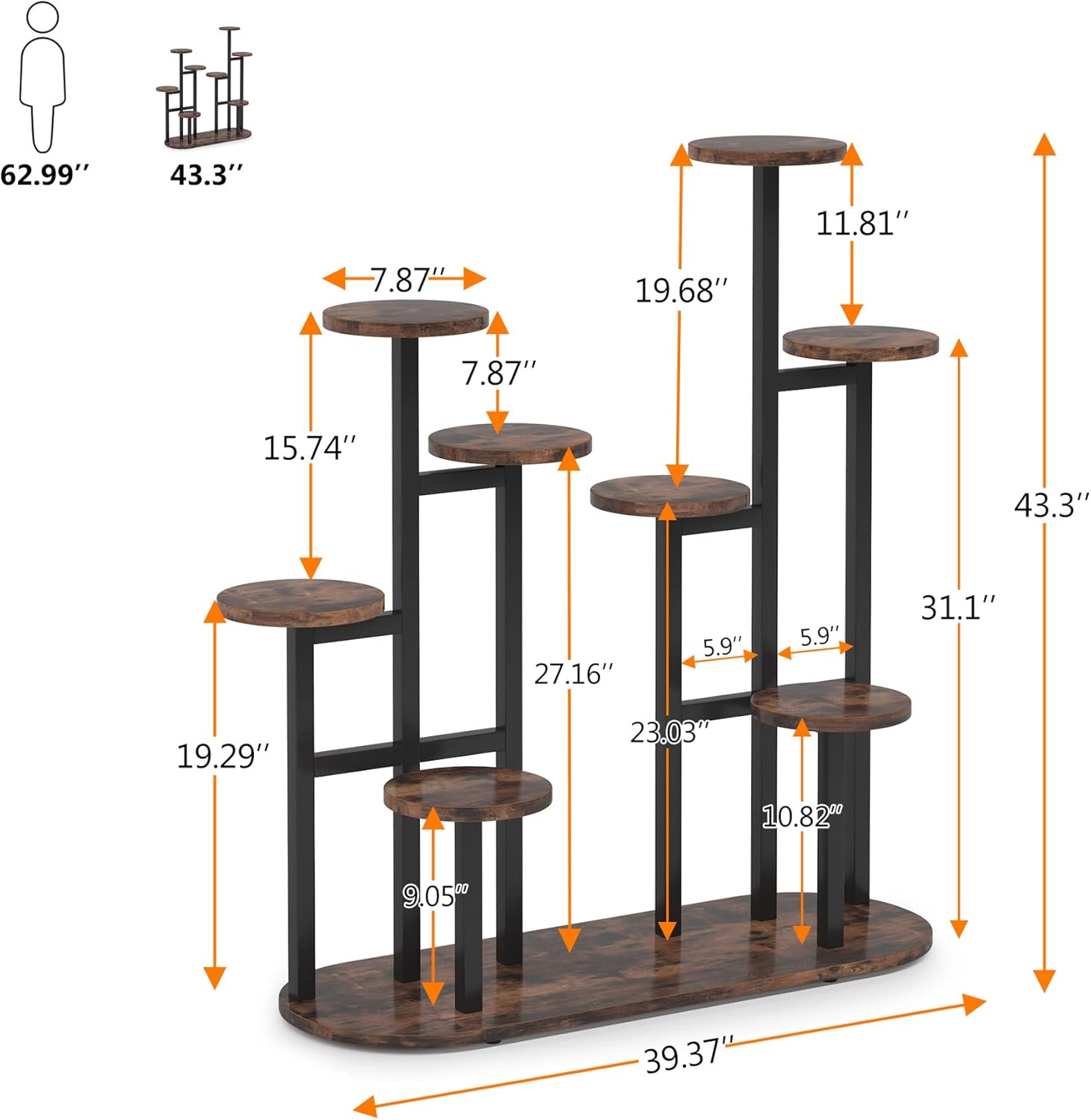 Étagère à Plantes Multifonction, Support pour 11 Pots de Jardinage Rustique