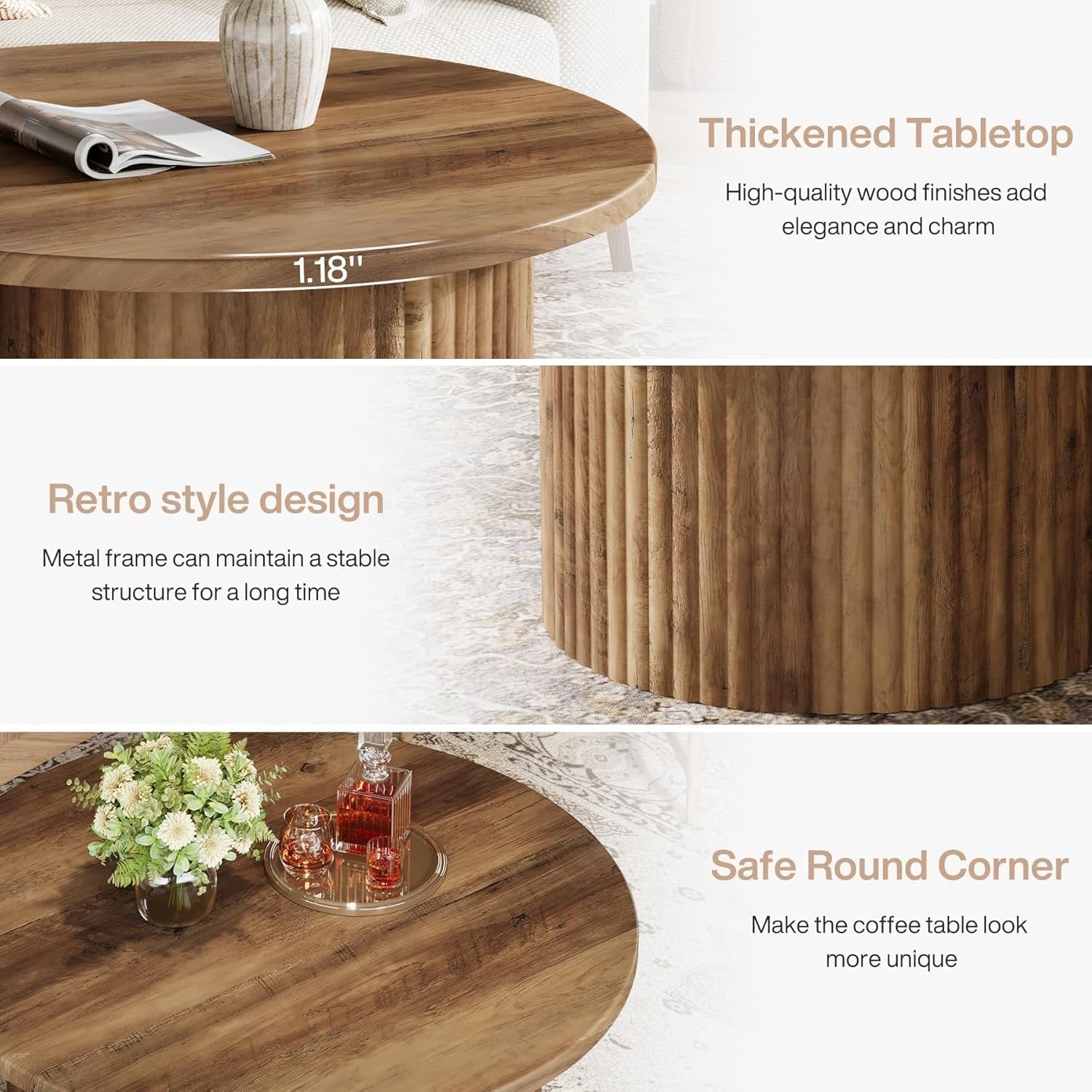 Tribesigns Table basse ronde de 80 cm, Table basse circulaire de style campagnard avec un piètement en métal robuste